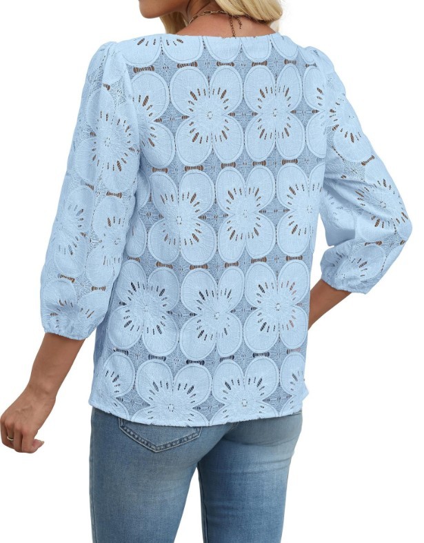 Summer Women’s Crew Neck Lace Blouse 3/4 Sleeve Hollow Out Casual Shirt