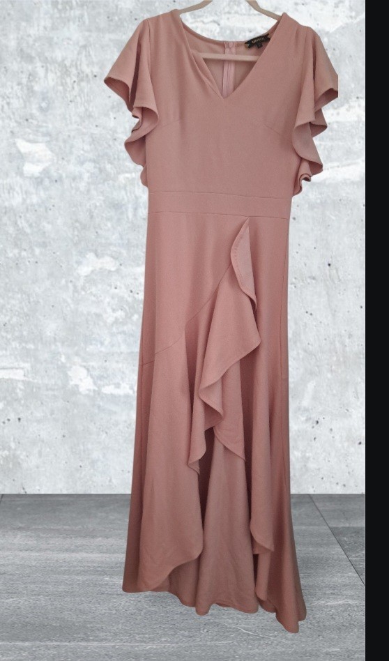 MIUSOL Pink Solid V-Neck Flutter Sleeve Ruffle Wide-Leg Zip Jumpsuit M