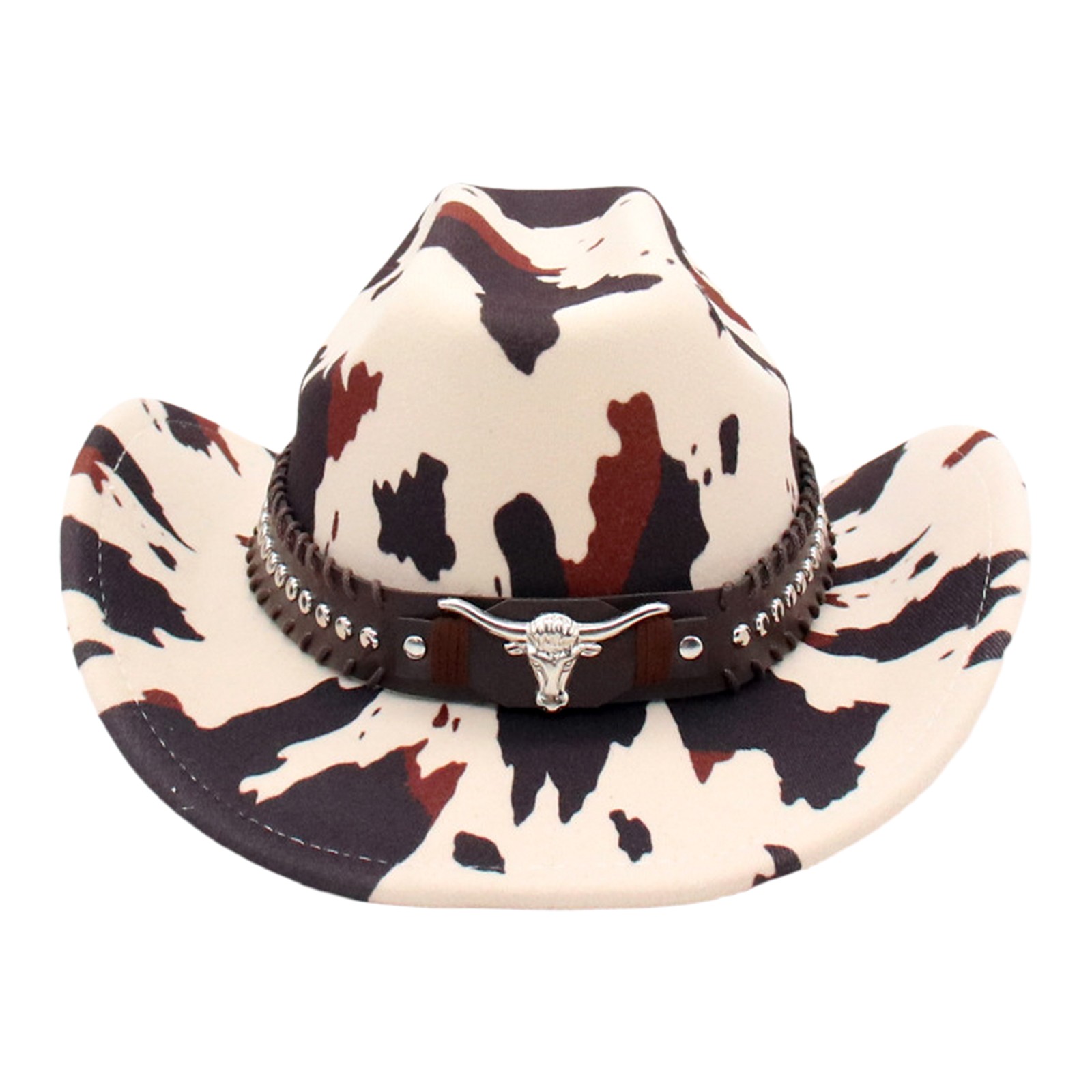 Women Western Cow Print Wide Brim Cowboy Hat with Cow Head Rivet Belt Decoration