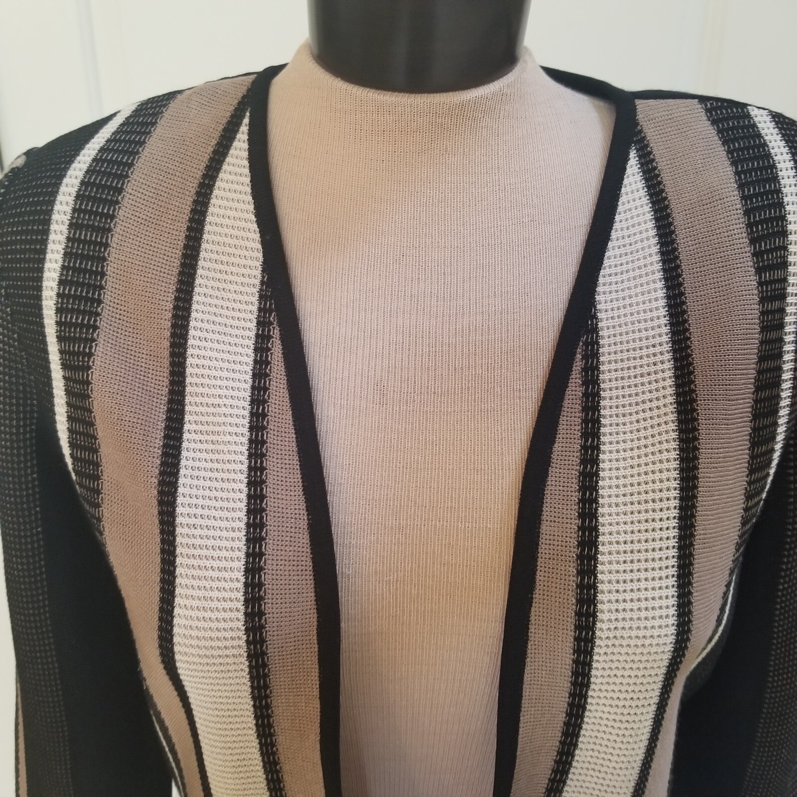 Ming Wang Black Multi Color Striped Knit Front 3/4 Length Sleeve Jacket Size XS