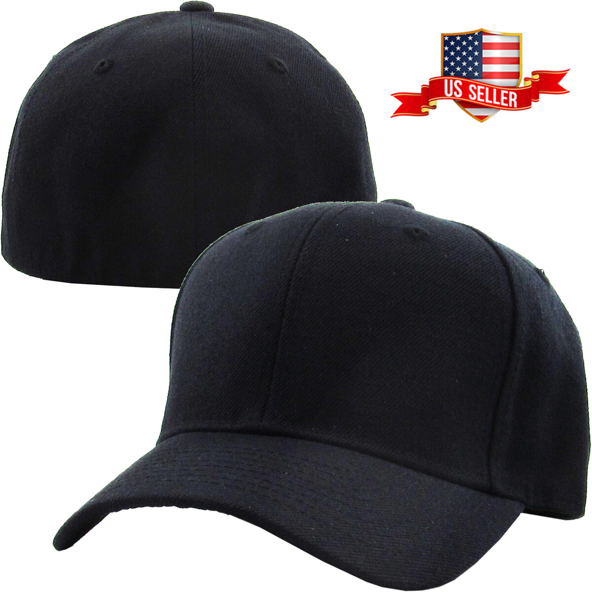 Plain Fitted Baseball Cap Curved Visor Solid Blank Color Caps Hat Hats – 9 SIZES