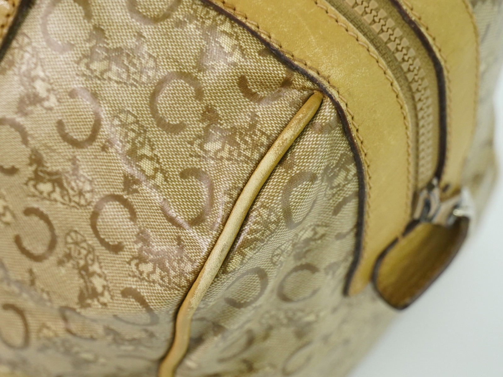 CELINE C Macadam PVC Boston Handbag Beige Gold