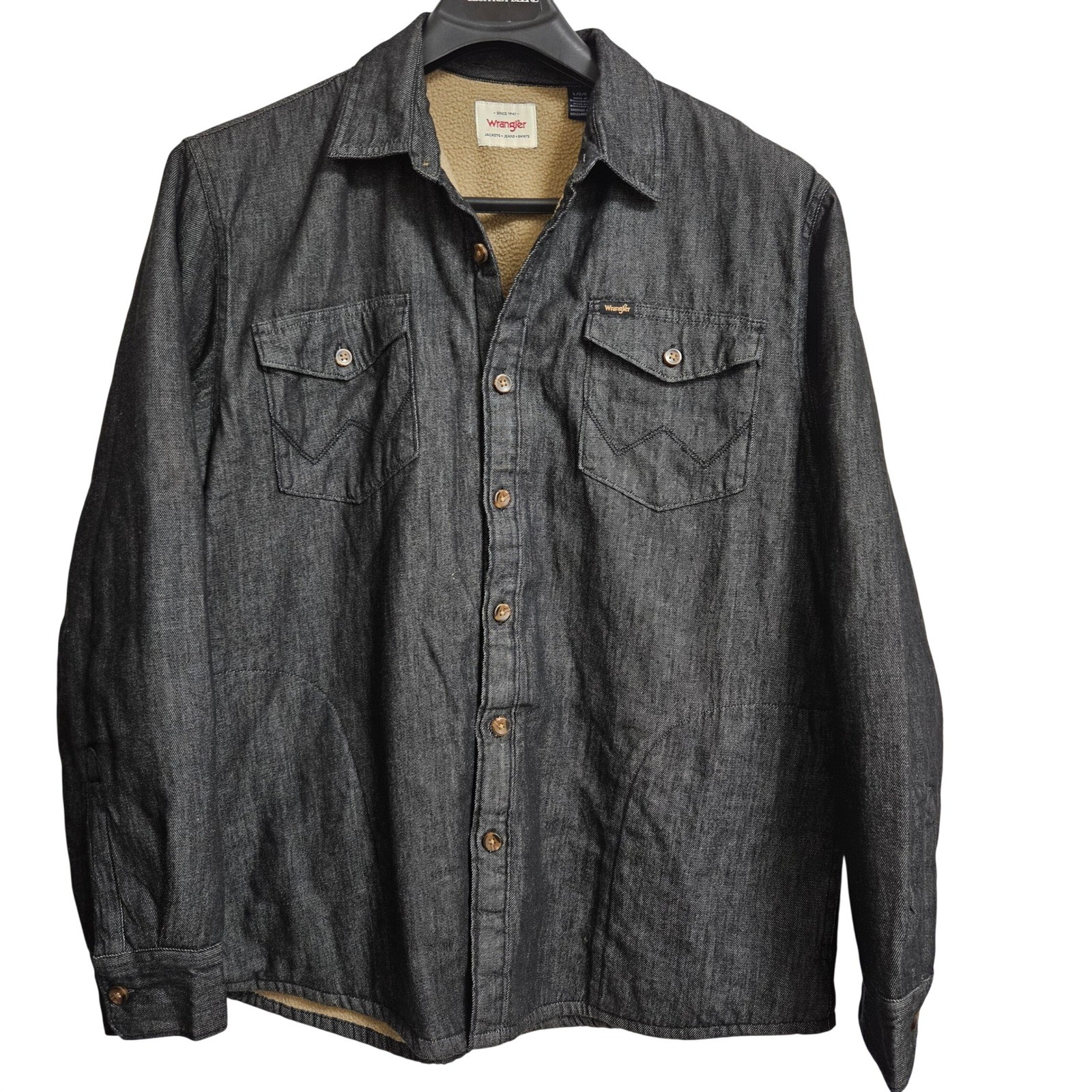 Wrangler Shirt Jacket Mens L Black Denim Sherpa Lined Workwear Western Rugged