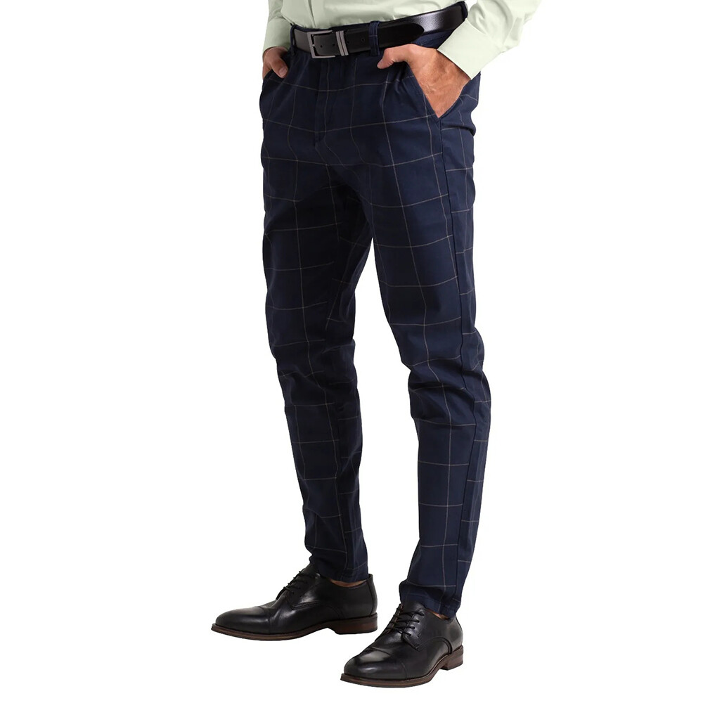 Mens Slim Fit Check Cotton Formal Smart Office Work Pants Professional Style