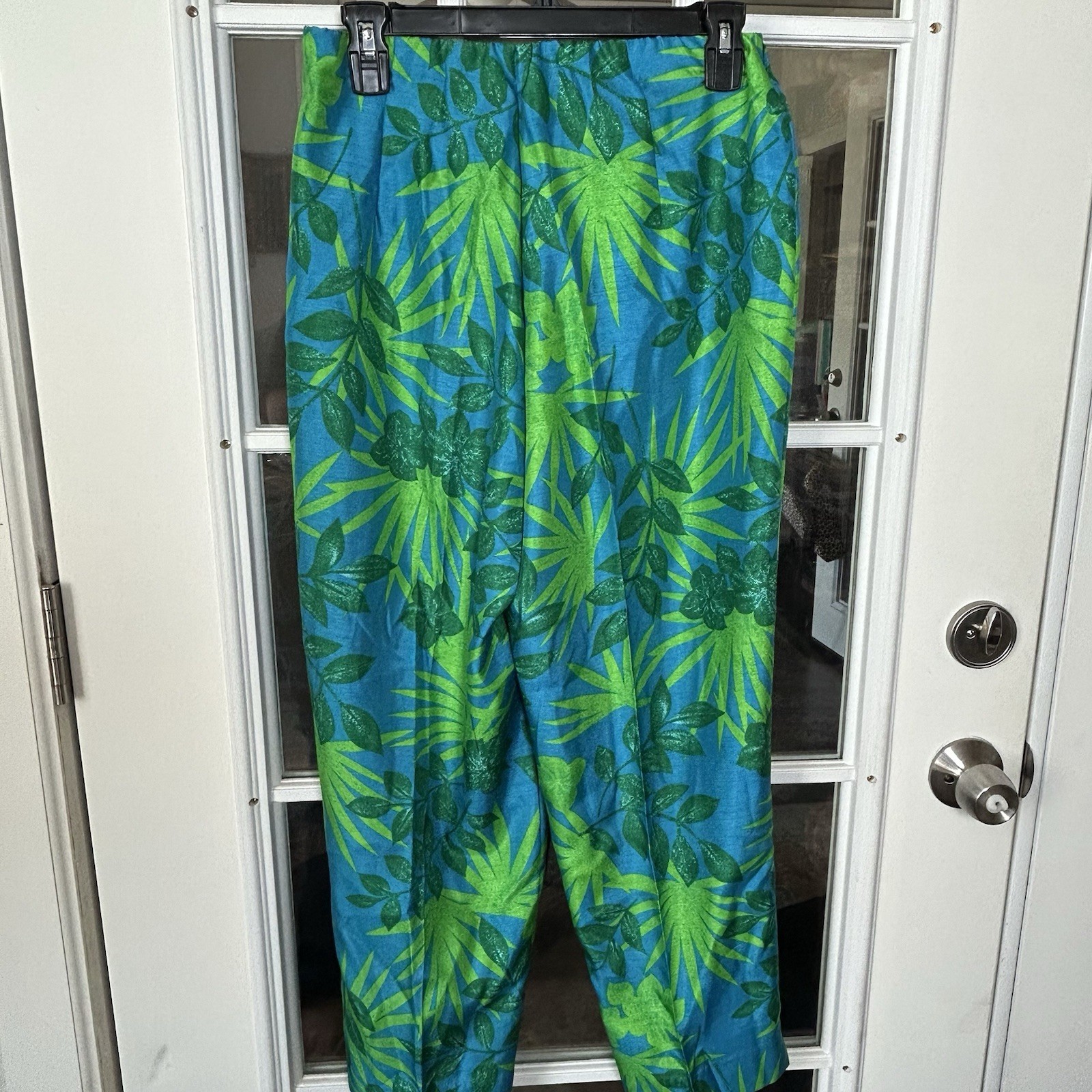Vintage 80s 90s Tropical Palm Leaf Plant Cropped Pants Size 10 Bold Green Blue