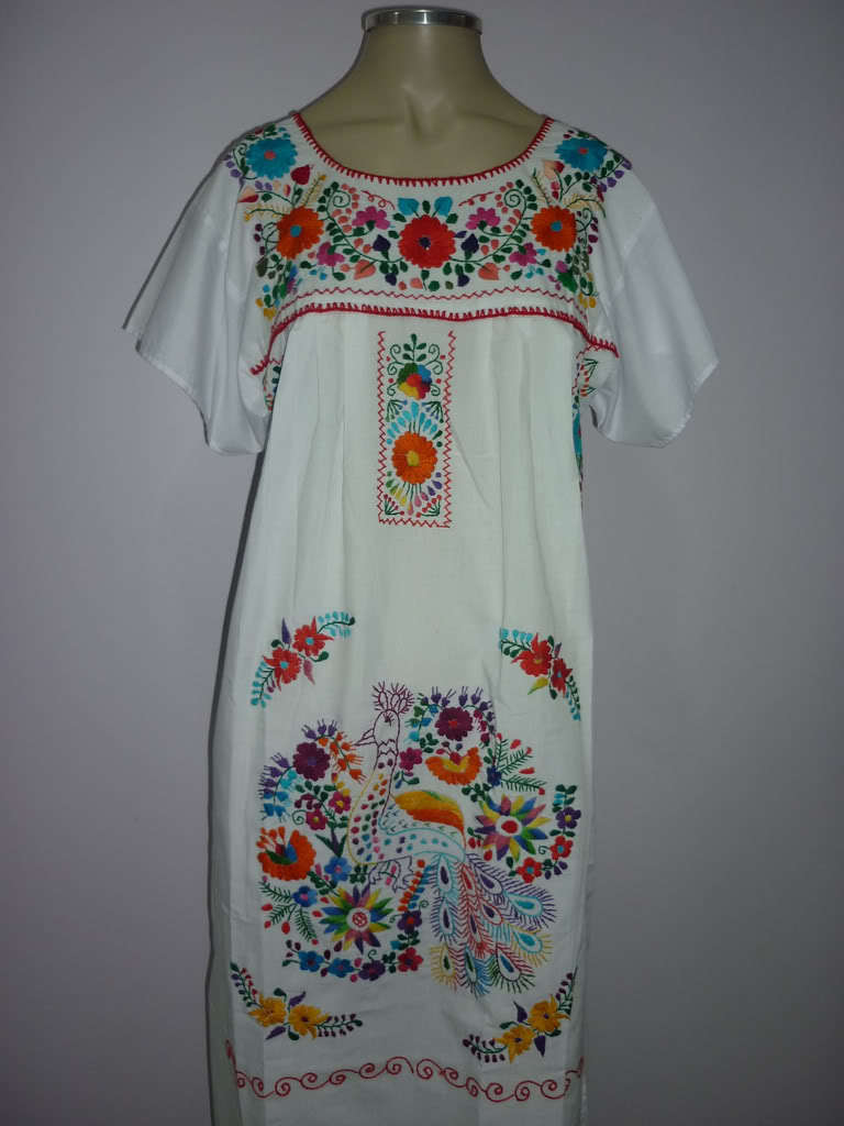 White Boho Vintage Style Hand Embroidered Tunic Mexican Dress Hippie Puebla