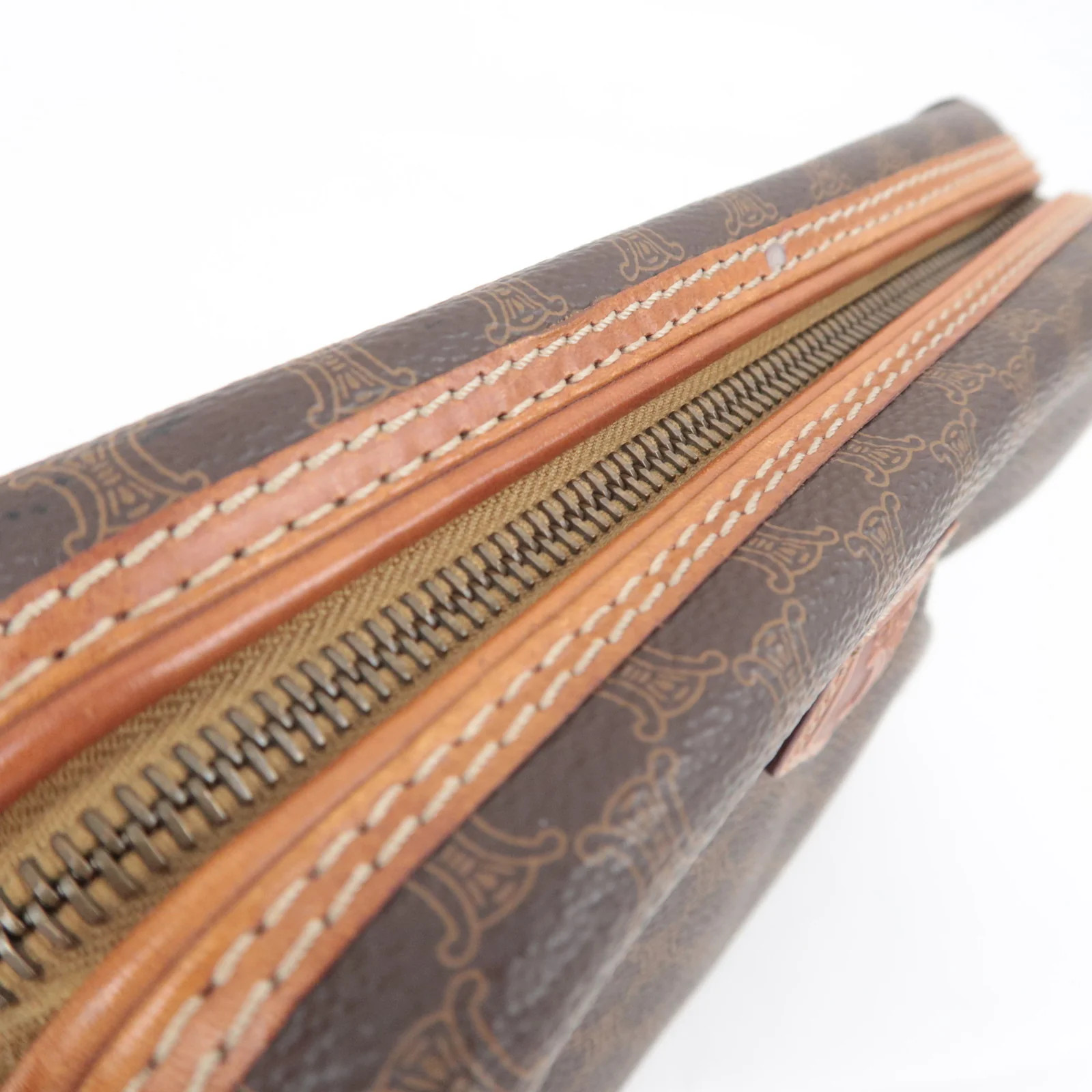 CELINE Macadam PVC Leather Cosmetic Pouch Brown Gold HDW Authentic