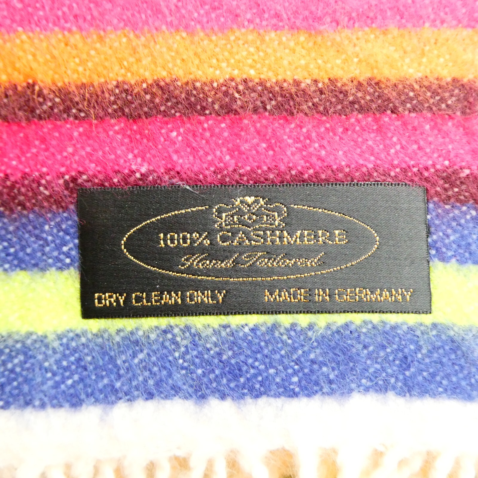 NEW 100% Pure Cashmere Bright Colors Striped Scarf 12×66 inch Fringe Germany