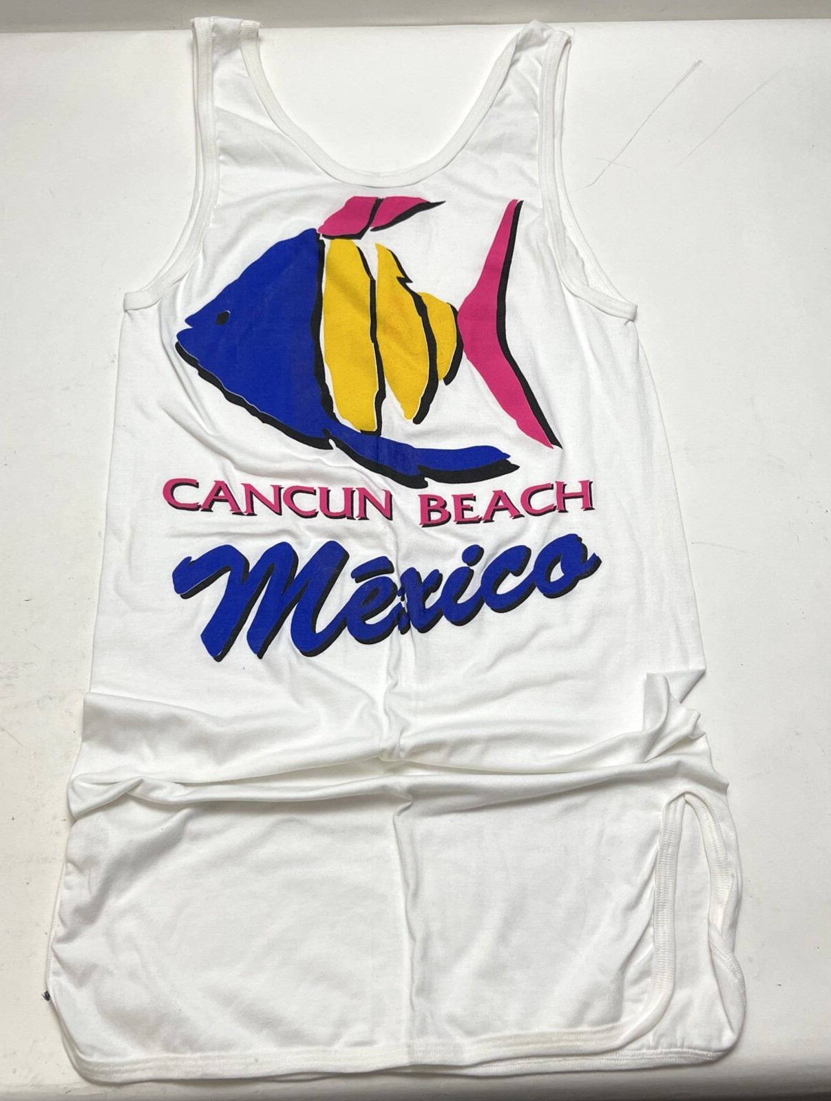 Vintage Cancun Beach Fish Graphic One Piece Tank Shirt Dress Cover Up One Size