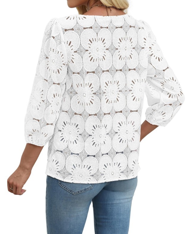 Summer Women’s Crew Neck Lace Blouse 3/4 Sleeve Hollow Out Casual Shirt