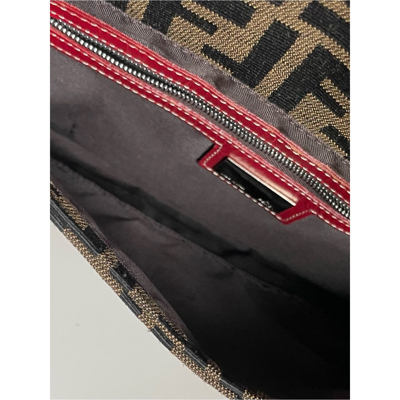 Authentic Fendi Baguette shoulder bag Zucca FF monogram canvas red leather trim
