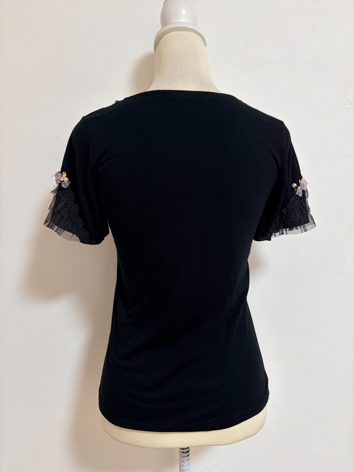 Axes Femme Black Top Rose Bead Pearl Square Neck Tulle Lace Kawaii Fairy Kei M