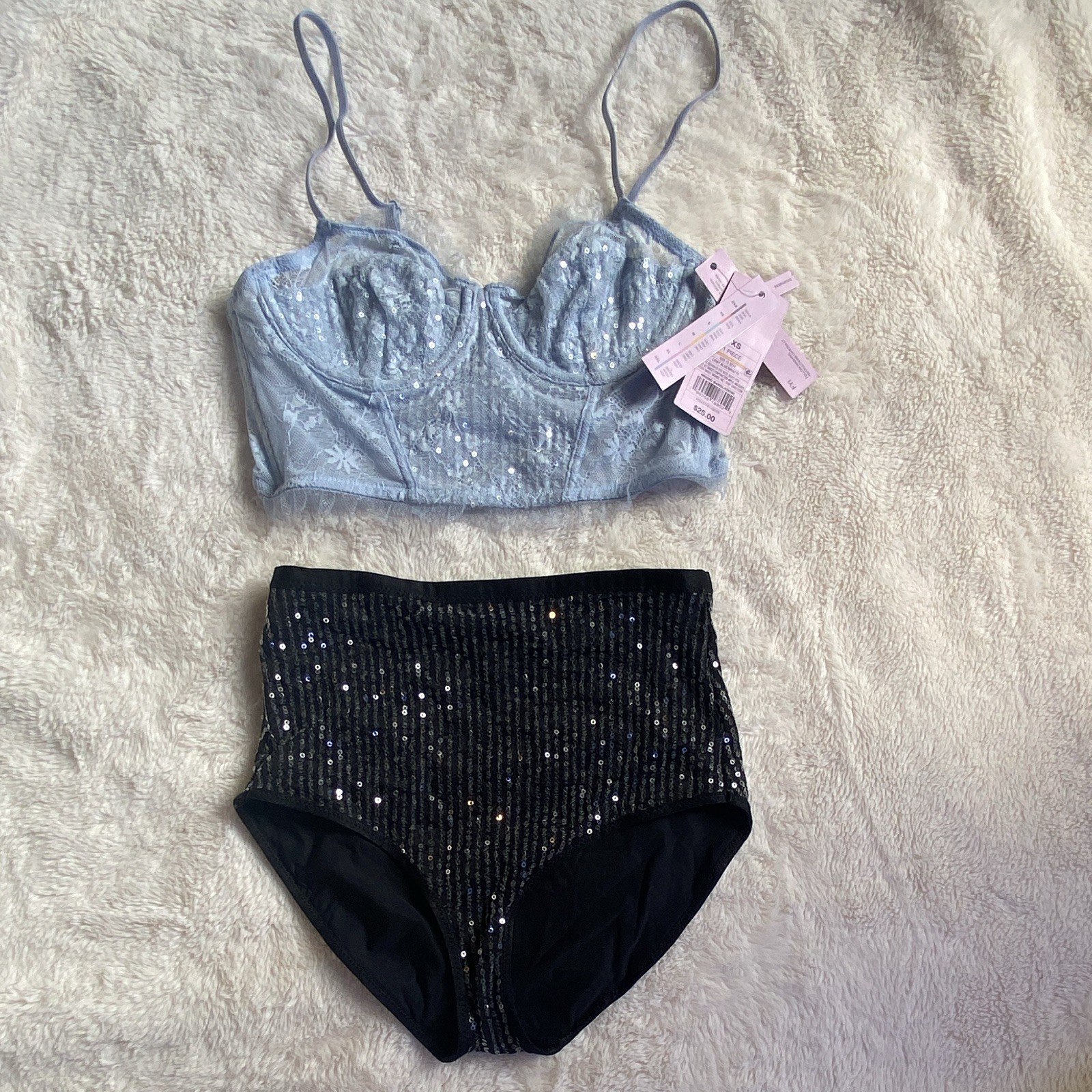 Wild Fable Light Blue Sequin Lace Underwire Balconette + Black High-Waist XXS