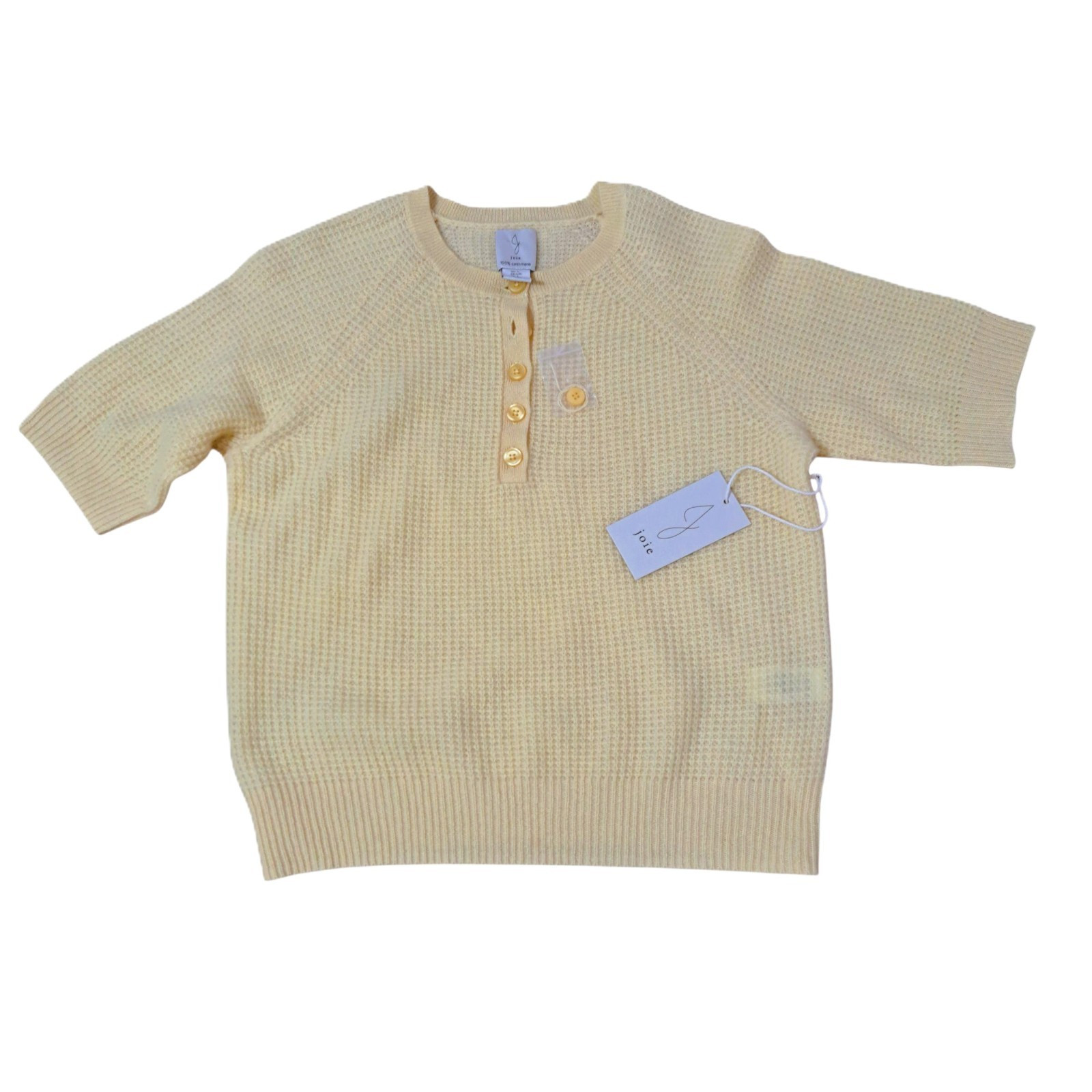 Joie Women’s Cashmere Textured Knit Short Sleeve Henley Sweater Butter Yellow L