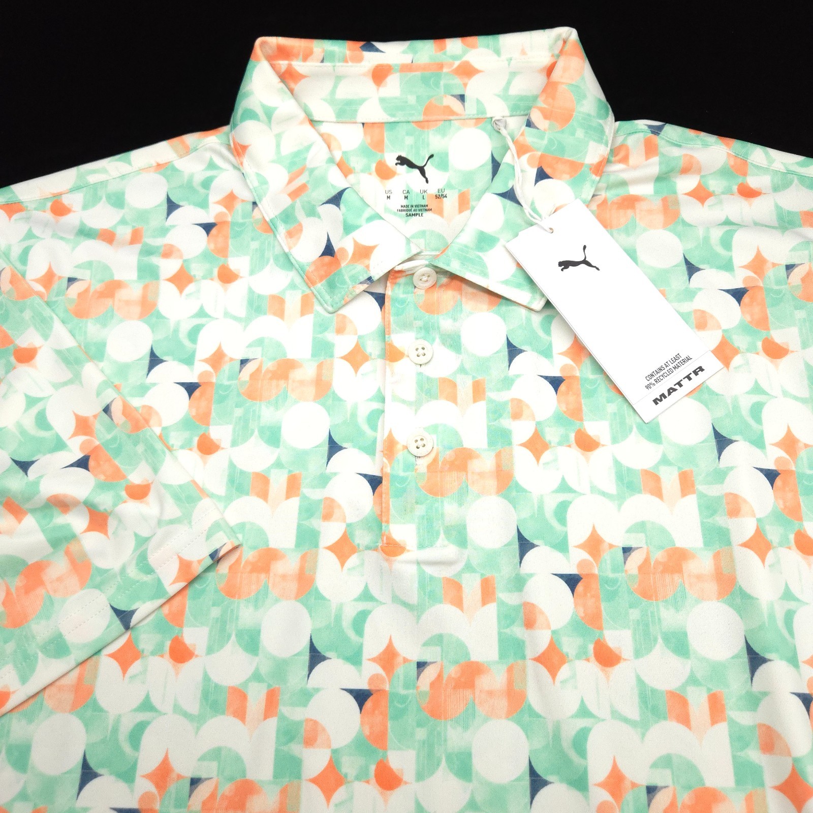 Puma Golf Polo Shirt Mens -M- White Orange Green Geometric PERFORMANCE Athletic