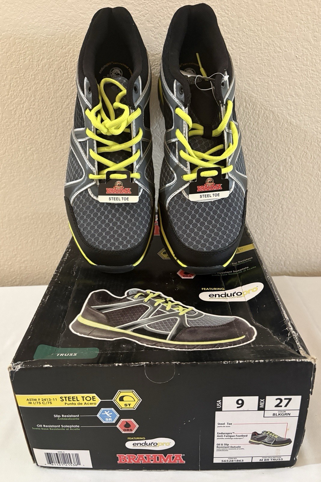 BRAHMA Truss men’s shoes, steel toe, oil and slip resistant, black w-green trim