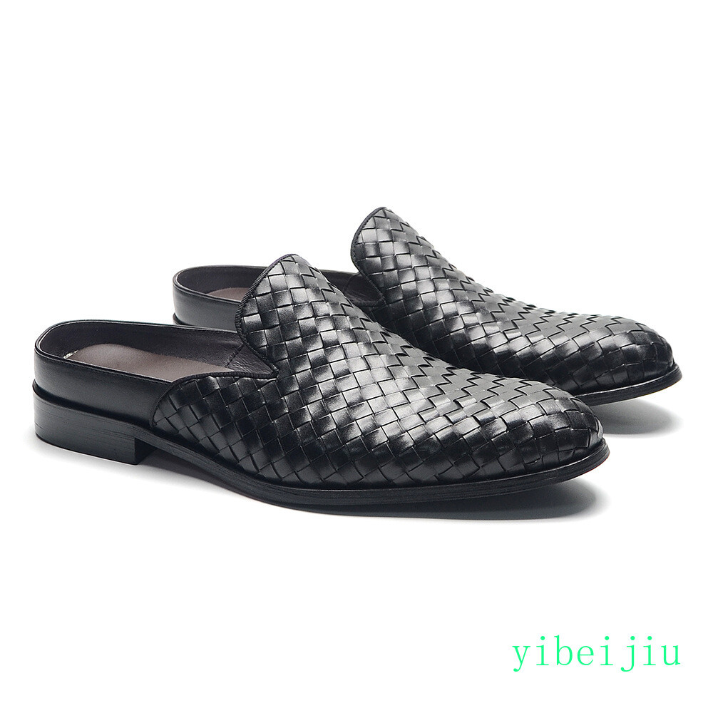 2026 Mens Real Leather Weave Woven Slipper Dress Slide Shoes Slip On Sandals Man