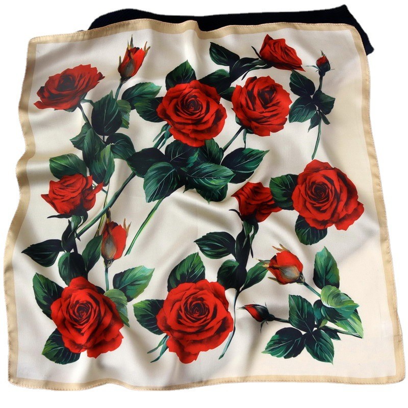 100% Mulberry Silk Satin Square Scarf Red Rose Floral Print 20.9″×20.9″