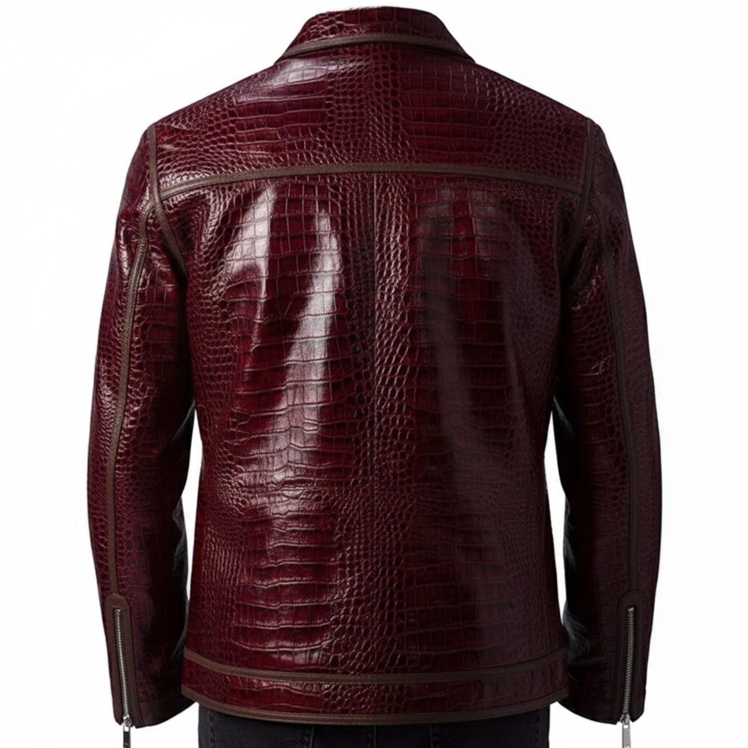 Men’s Burgundy Crocodile Embossed Leather Jacket Luxury Exotic Zip Biker Coat