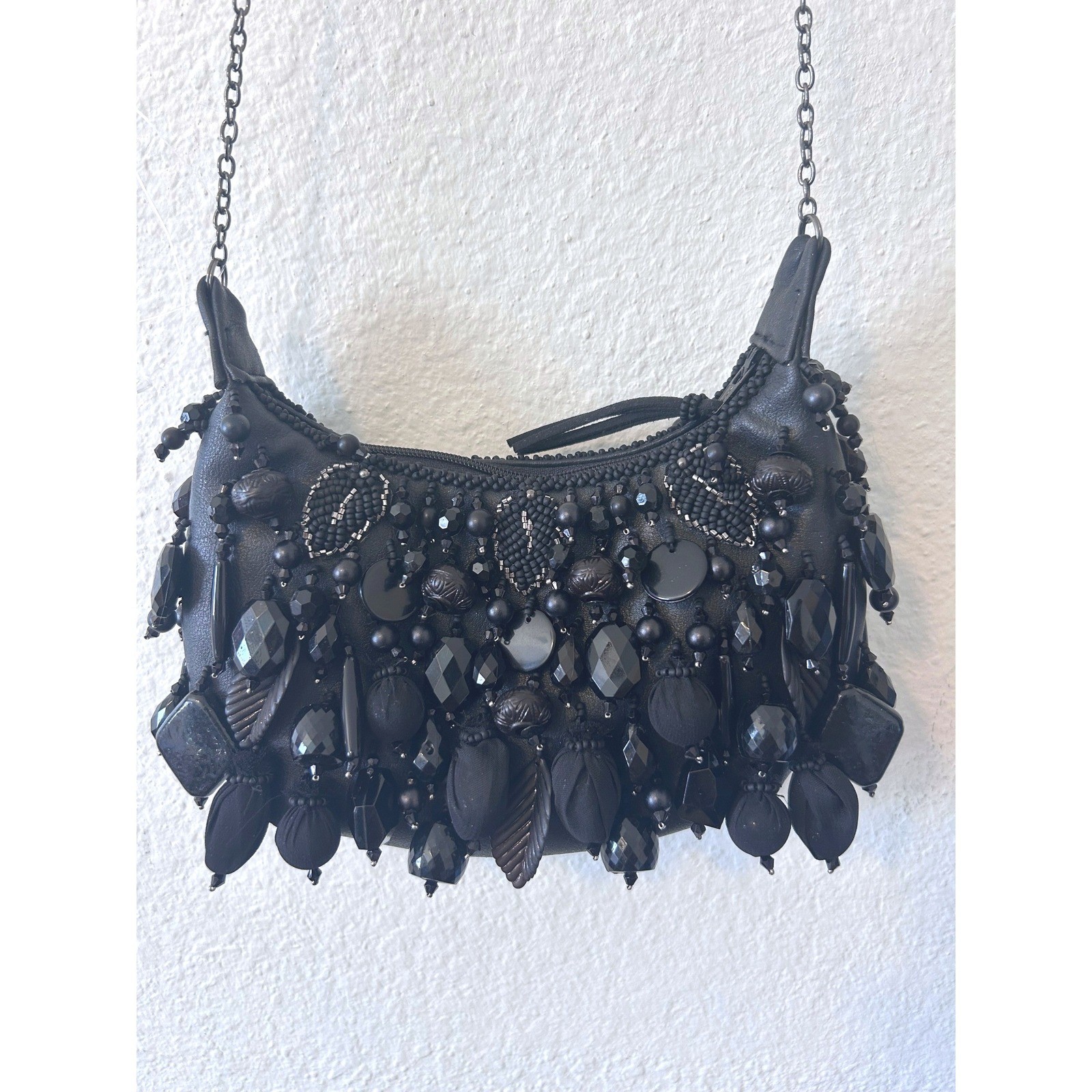 MARY FRANCES Handmade Black Beaded Bauble Mini Handbag Crossbody Chain Bag $215
