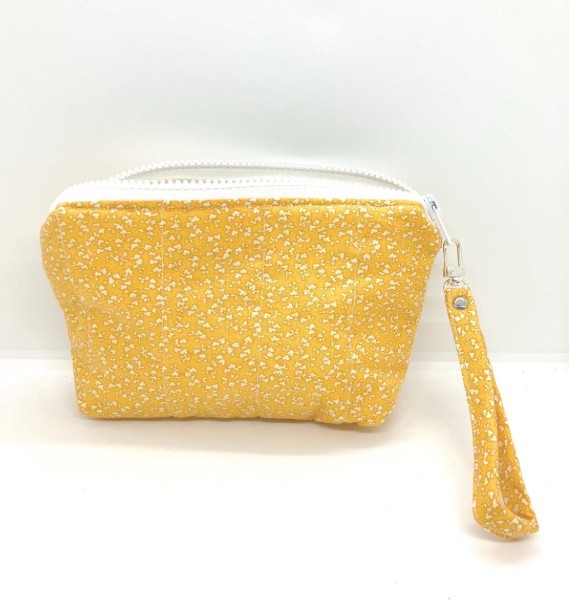 Small zipper wristlet pouch, upcycled purse accessories, yellow swirl fabric