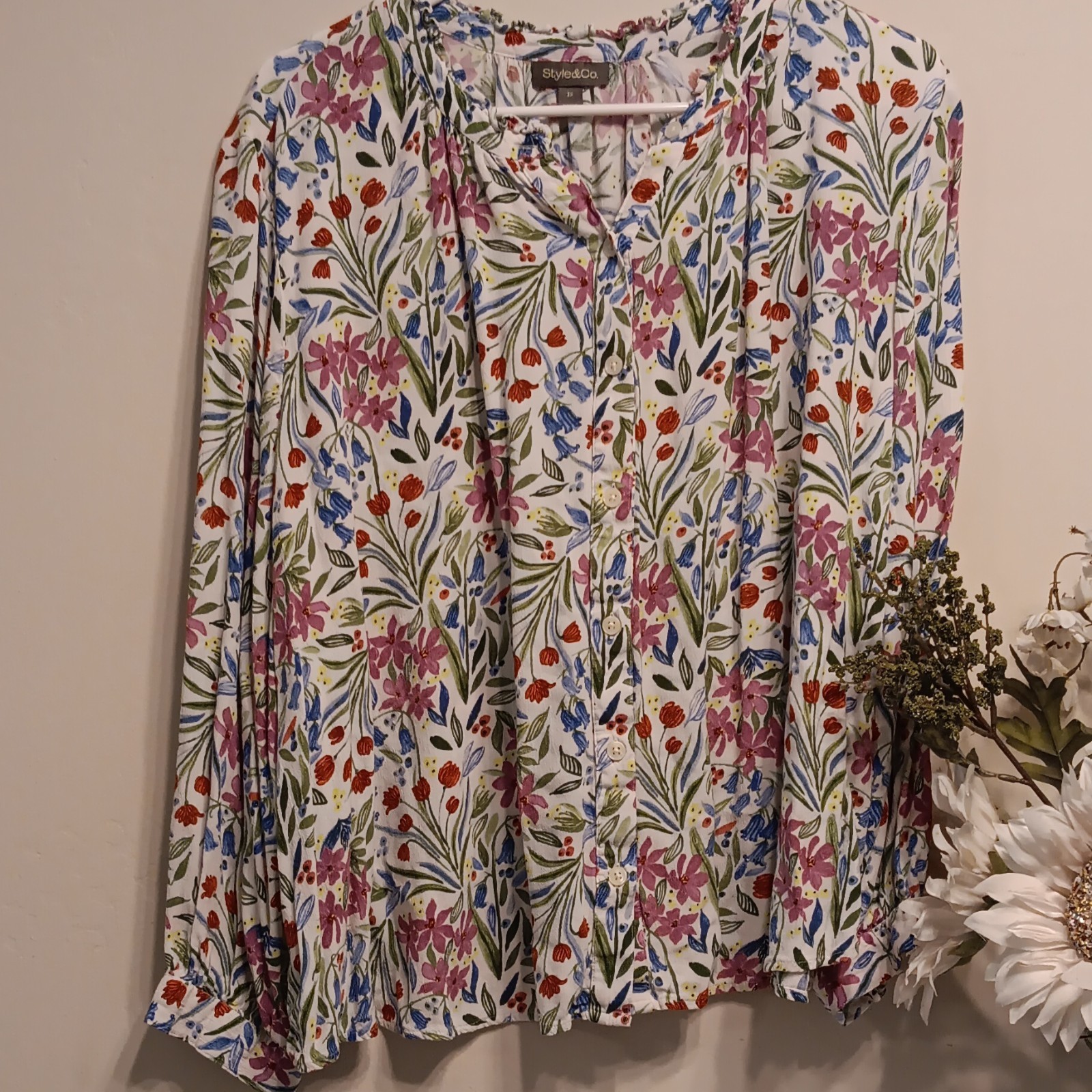 Style & Co. Multicolor Floral Long Sleeve Button Front Blouse Plus 3X