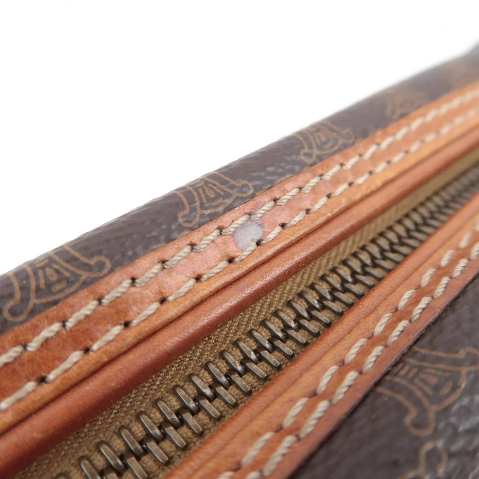 CELINE Macadam PVC Leather Cosmetic Pouch Brown Gold HDW Authentic