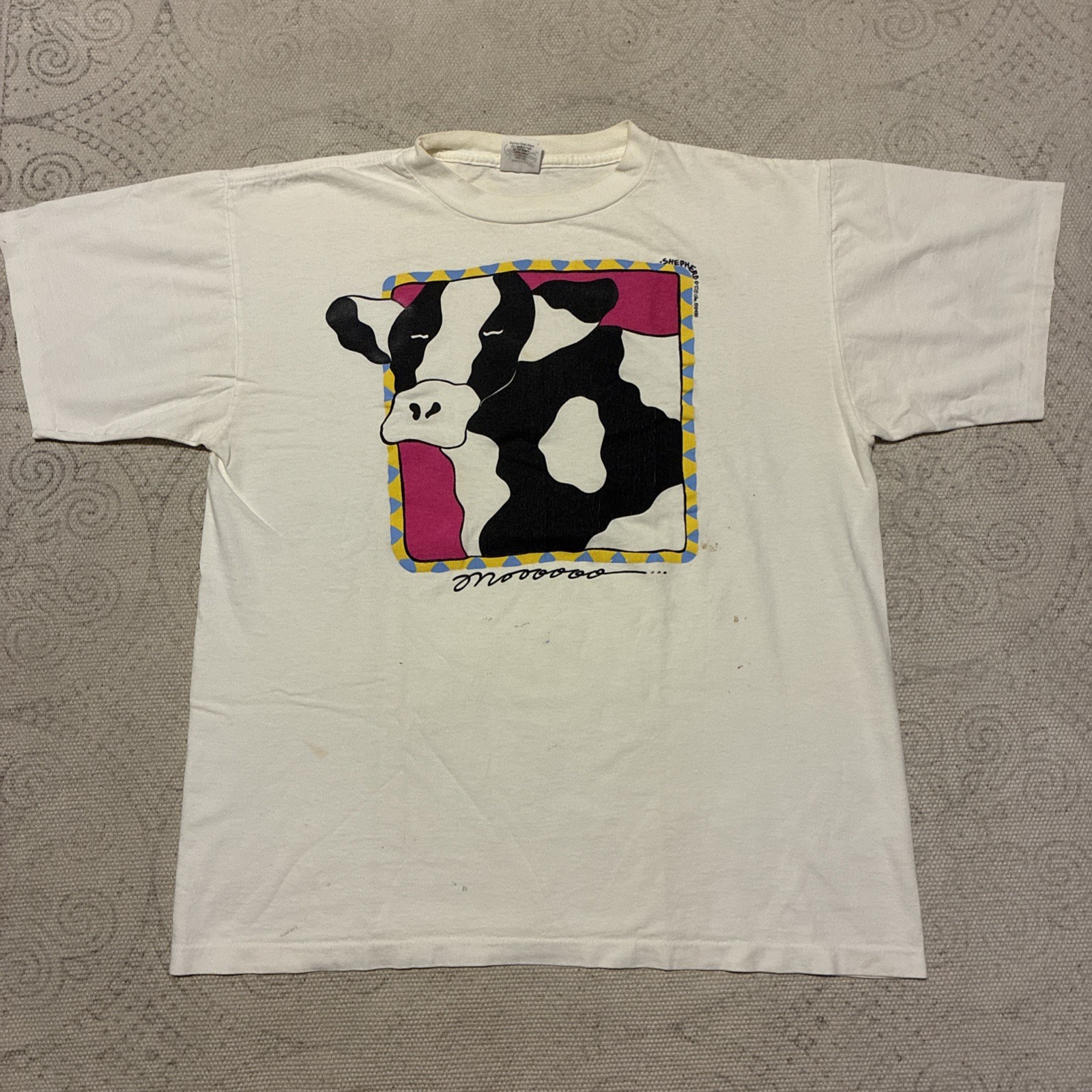 Vintage 90s Cow Art Shirt L Moo White Shepherd
