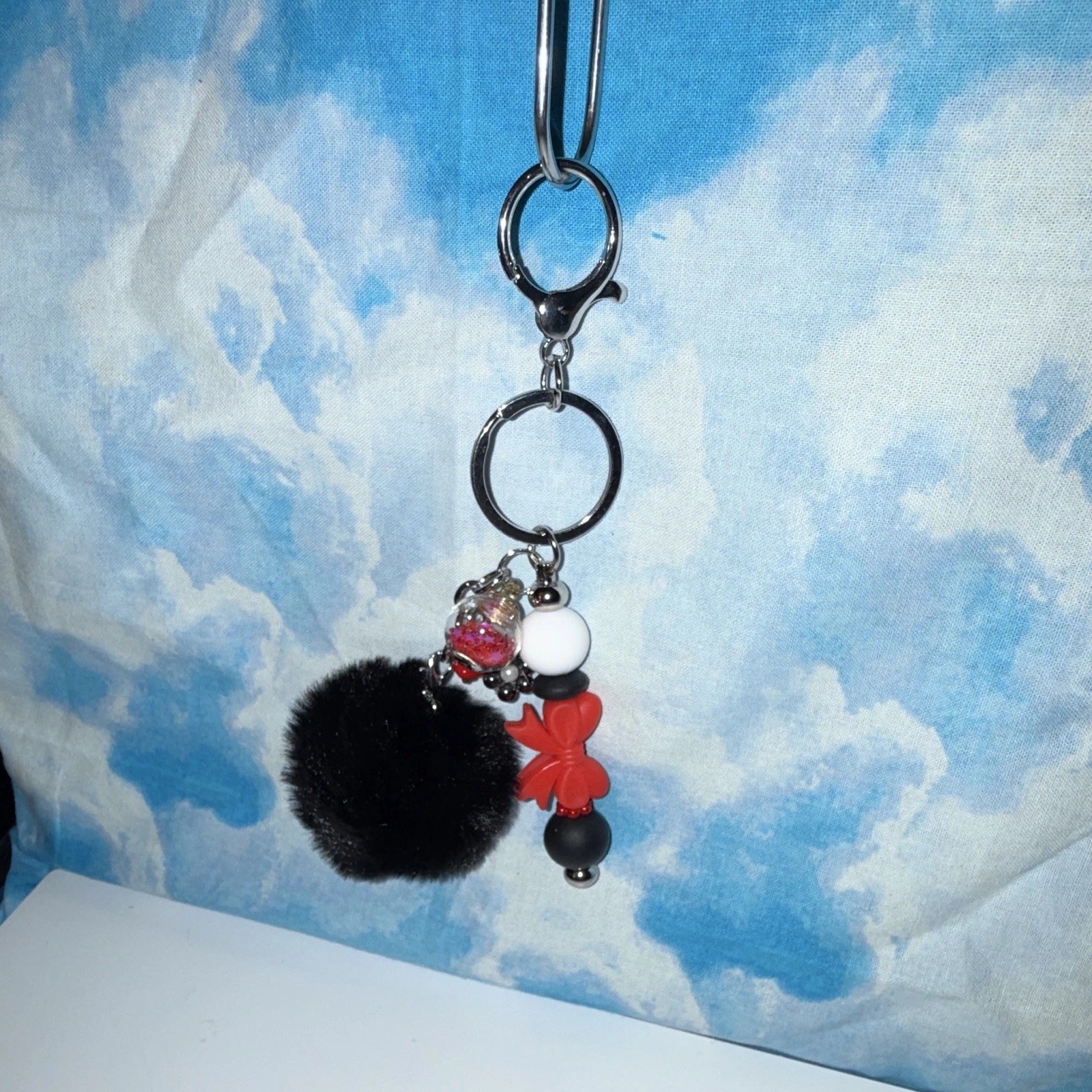 Black Faux Fur Pom Pom Bow Beaded Key Chain/Bag Charm w/Keyring