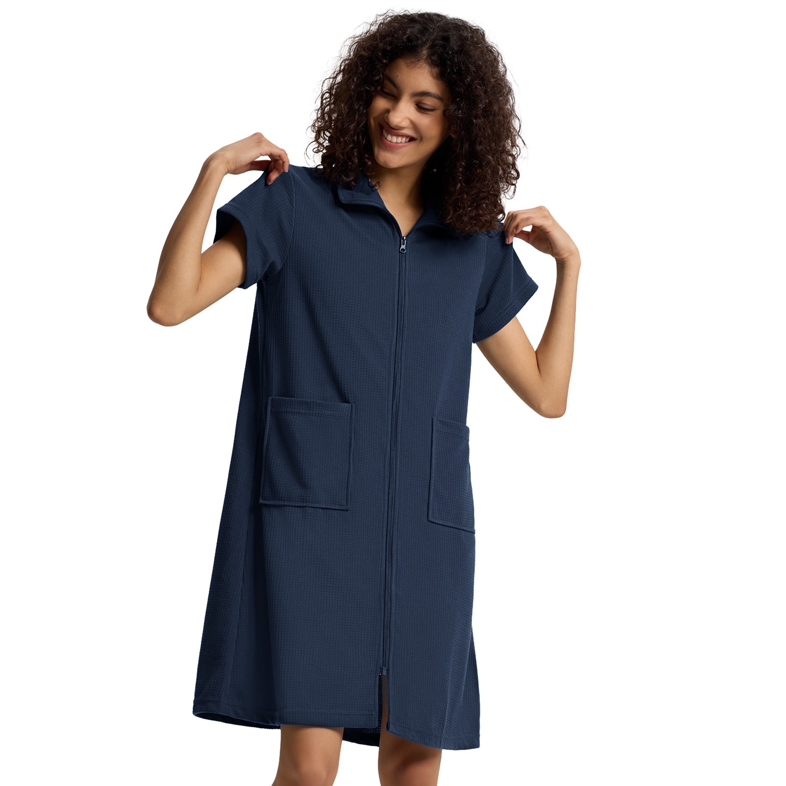 SIORO Women Zip-Front Robes Short Sleeve Bathrobes Waffle House Coat Loungewear