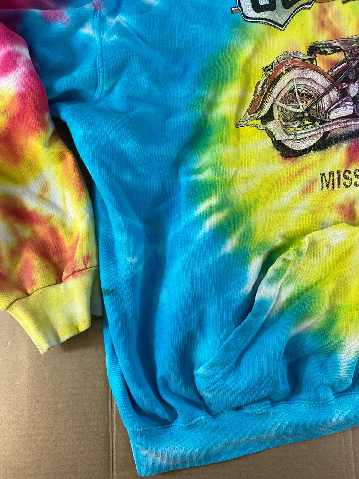 Vintage 80s 90s Tie Dye Hoody Hoodie Sweatshirt Route 66 Distressed Motorcycle