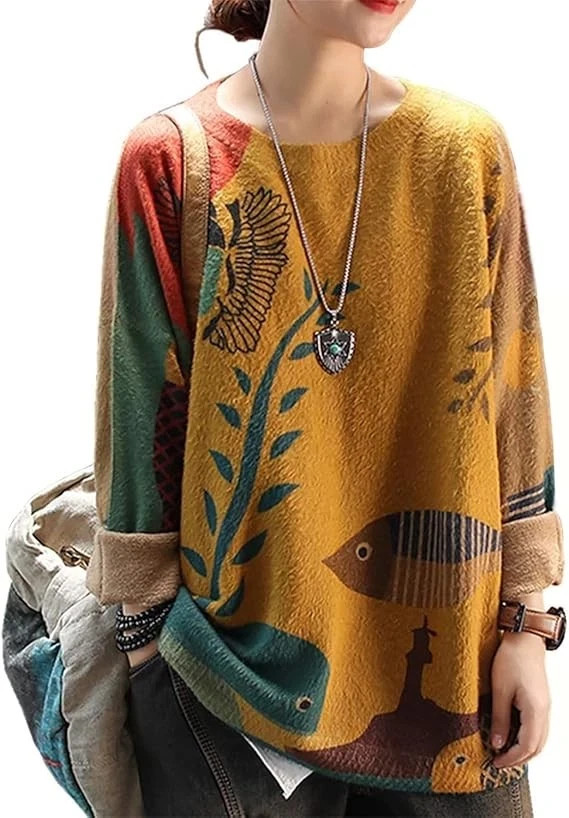 YESNO Womens Oversized Soft Cozy Graphic Pullover Wool Cotton Sweater