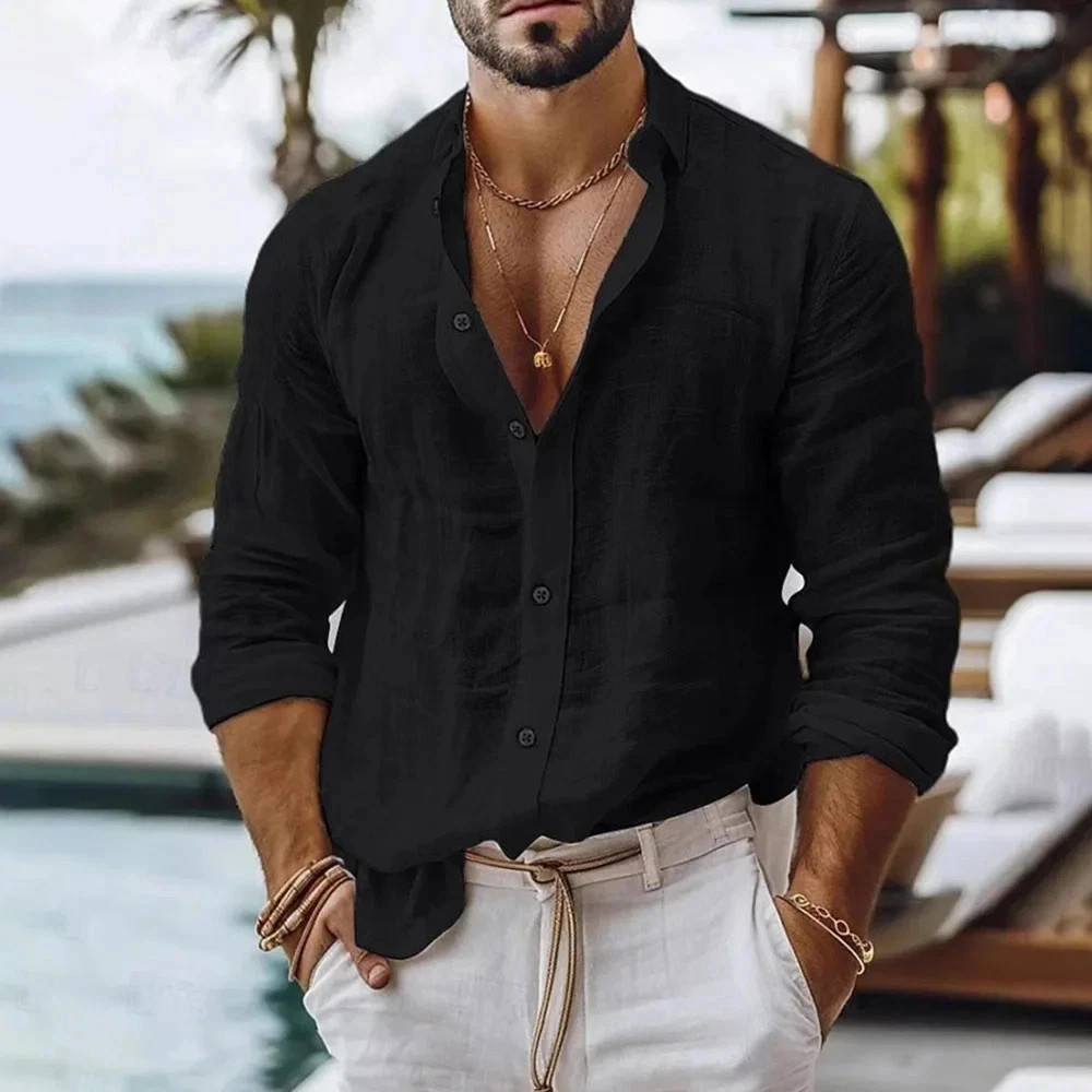 Men Cotton Linen Summer Beach Shirt Solid Color Breathable Button Top