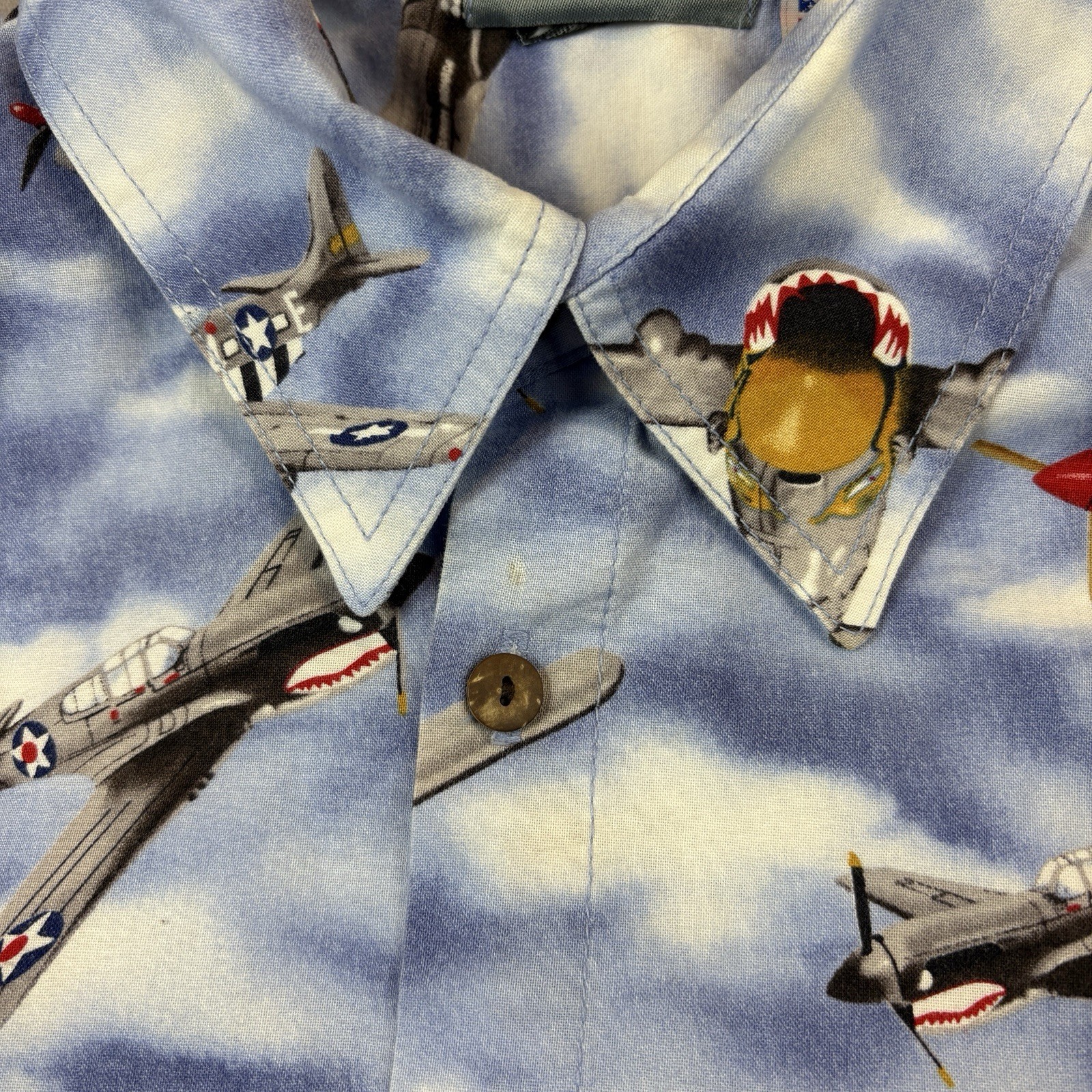 High Seas Trading Co Button Up Shirt Mens XL Blue Fighter Planes World War USA