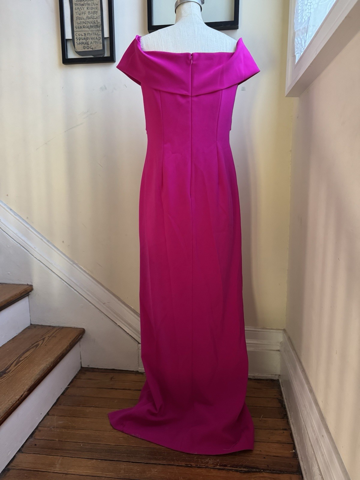 Theia Off Shoulder Column Gown Formal Dress Hot Barbie Pink Fuchsia size 10