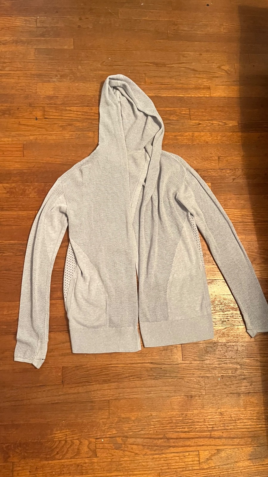 Lululemon Cardigan Sweater gray Hooded Mesh Knit Split Back Thumbhole