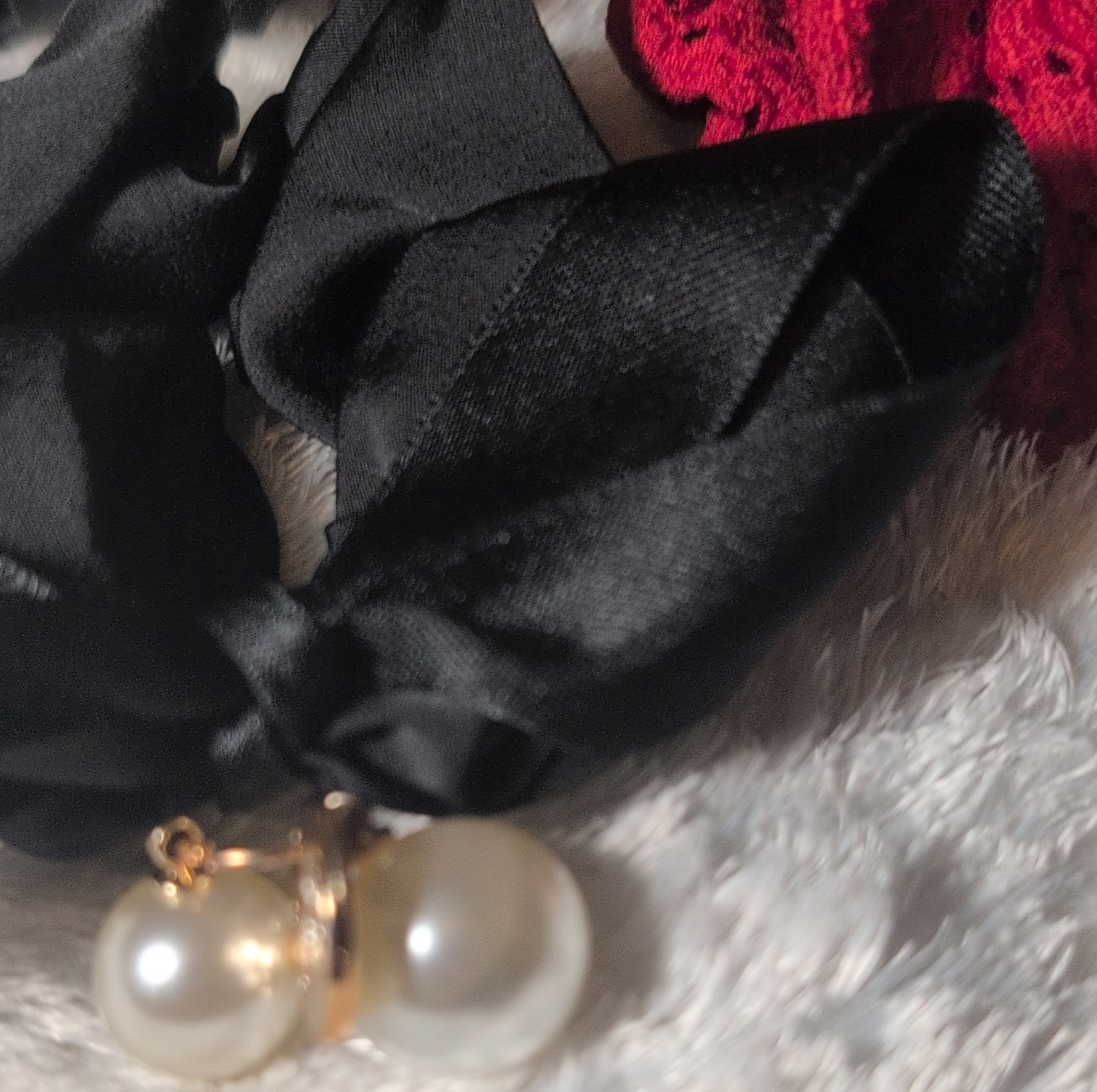 Black Red Satin Fabric Hair Ties Set with Bow and Beaded Accents