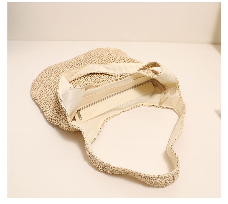 Women Simple Solid Color Large Capacity Straw Shoulder Tote Bag For Vacation