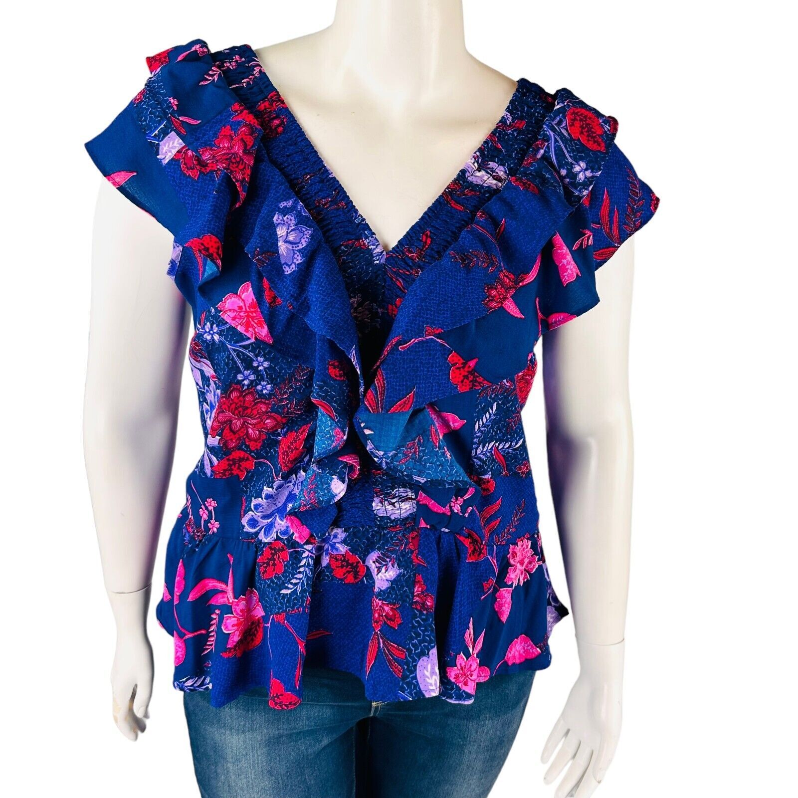 Sofia Jeans Womans Large Bouse Purple Floral Ruffle V-Neck Smocked