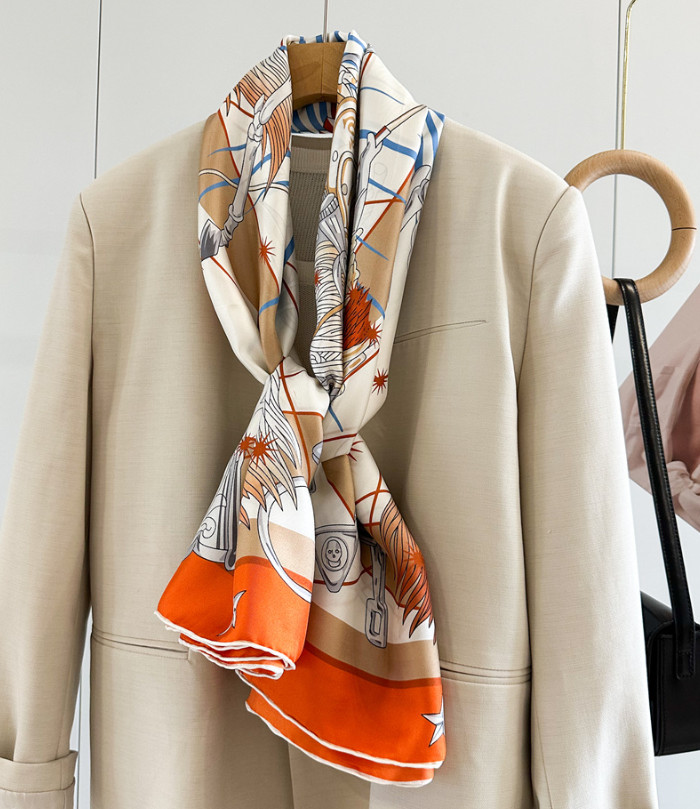Mulberry Silk Square Scarf Women Neckerchief Wrap Orange wheels Print98