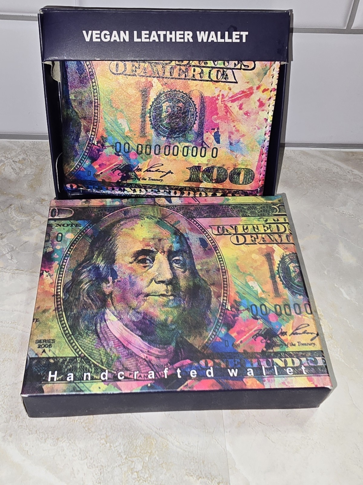 Novelty 100 Dollar Bill Print Vegan Leather Wallet Colorful Money Bifold Wallet