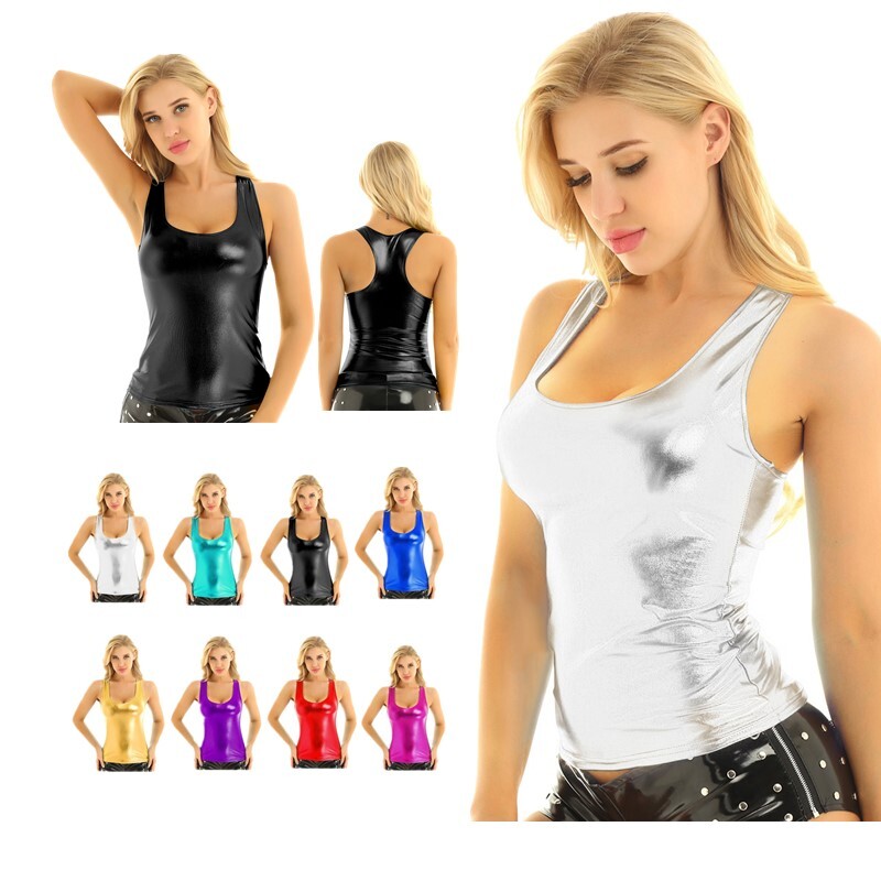 US Daenrui Woman Shiny Wet Look Tank Top Camisole Slim Fit Racerback Top Vest
