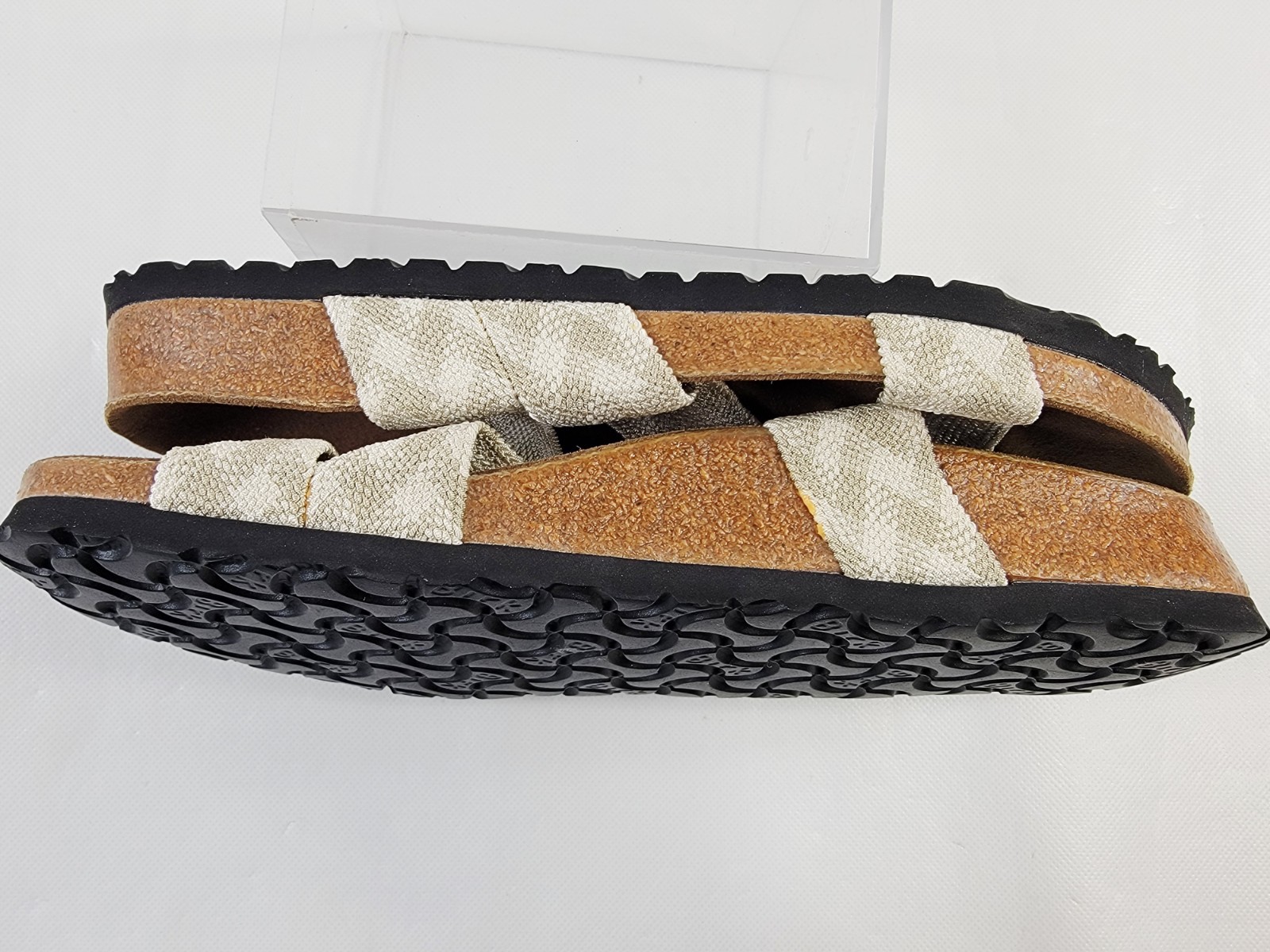 Birkenstock Birkis EU 41 / US 10 Triple Strap Stretch Cotton Plaid Beige & White