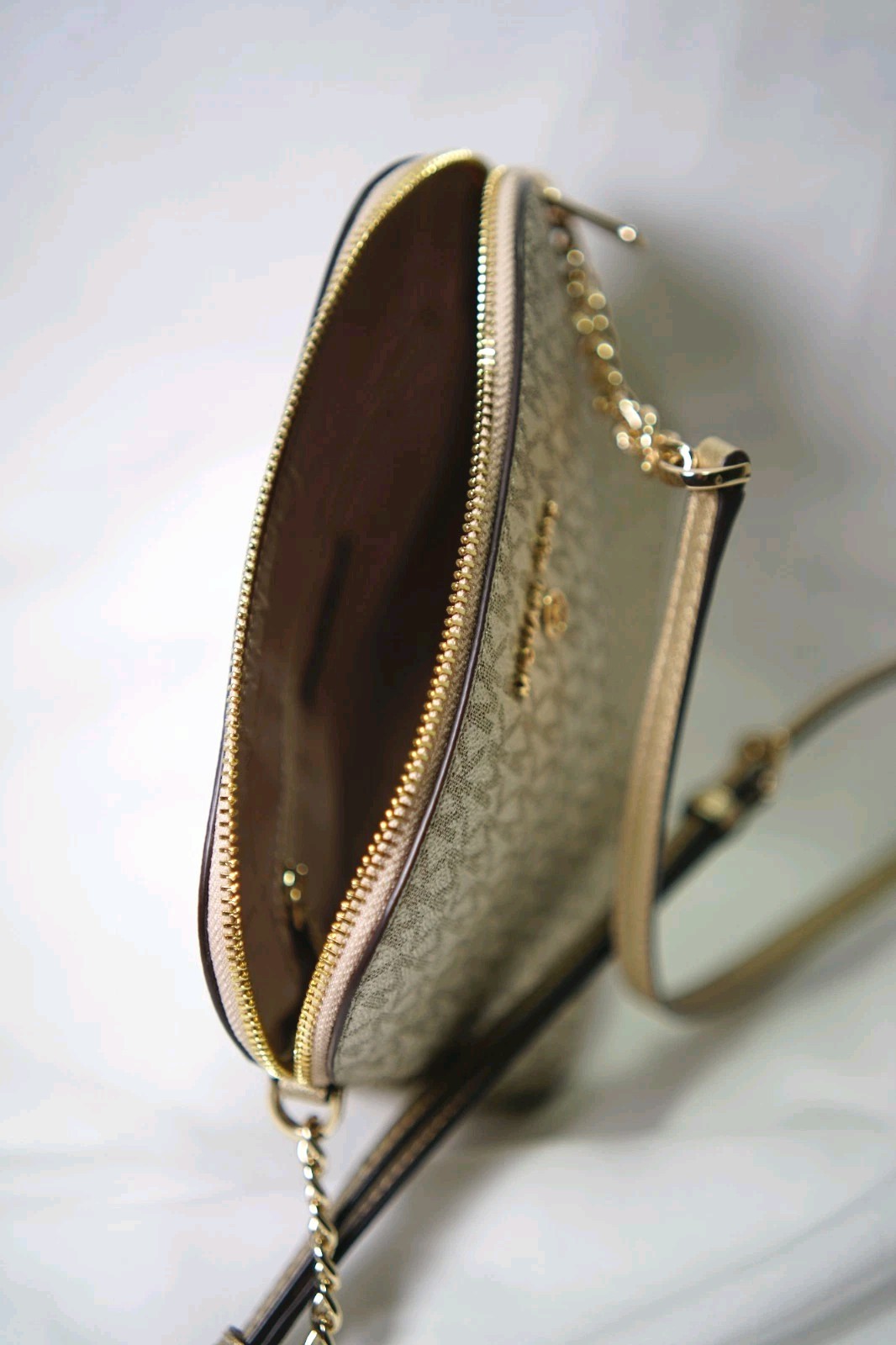 Michael Kors Jet Set Travel Dome Crossbody – Pale Gold Metallic Logo Design