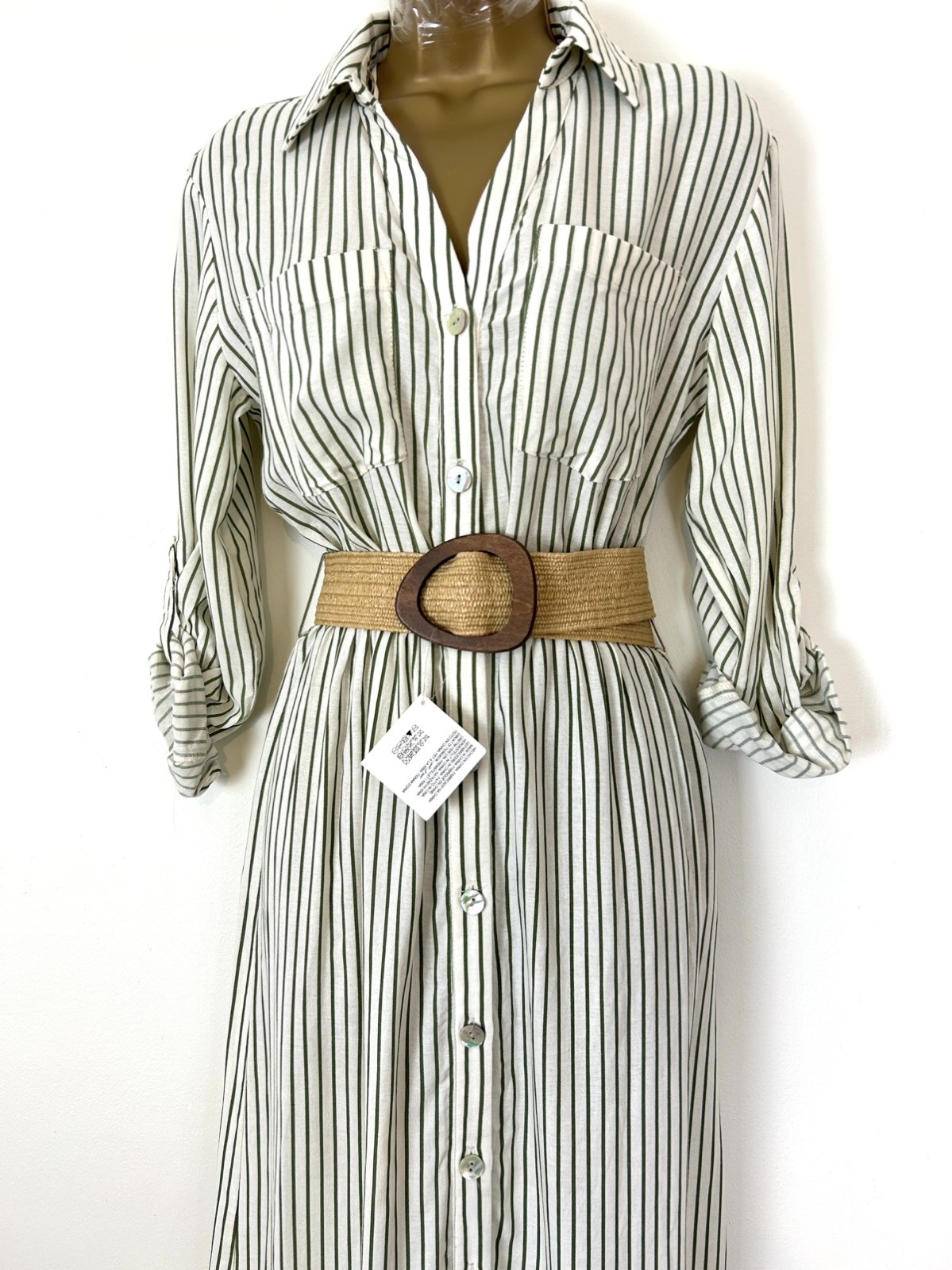 ZARA ECRU KHAKI STRIPED COLLARED LINEN BLEND BELTED SHIRT DRESS SIZE XS #T72