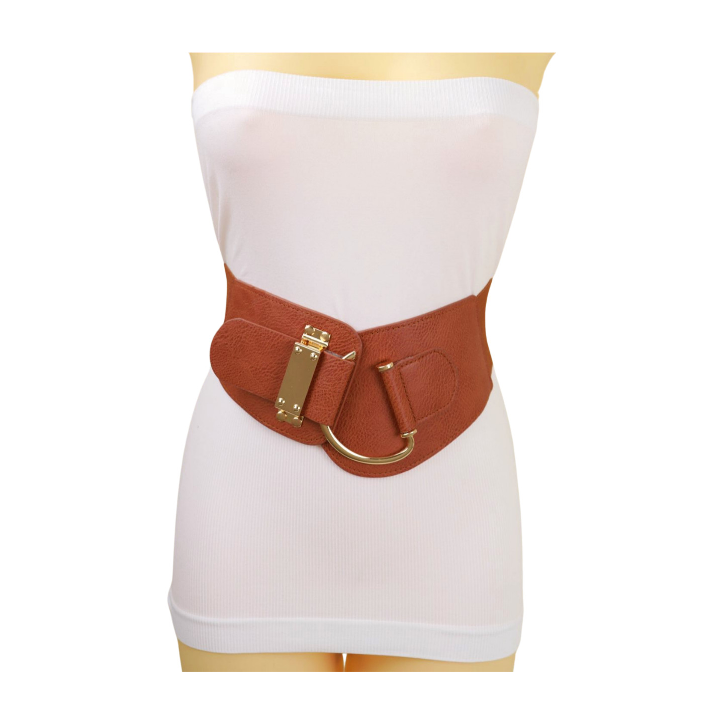 Women Hip High Waist Hook Buckle Chocolate Brown Color Elastic Band Belt M L
