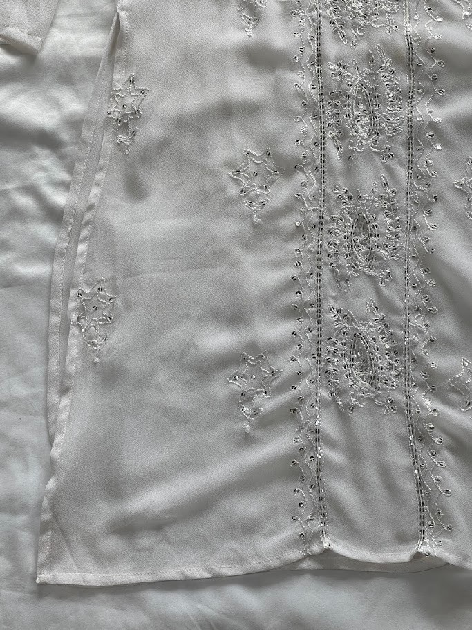 Tokyo Denim Beaded Embroidered Sheer White Floral Silver Sequin Dress M Size