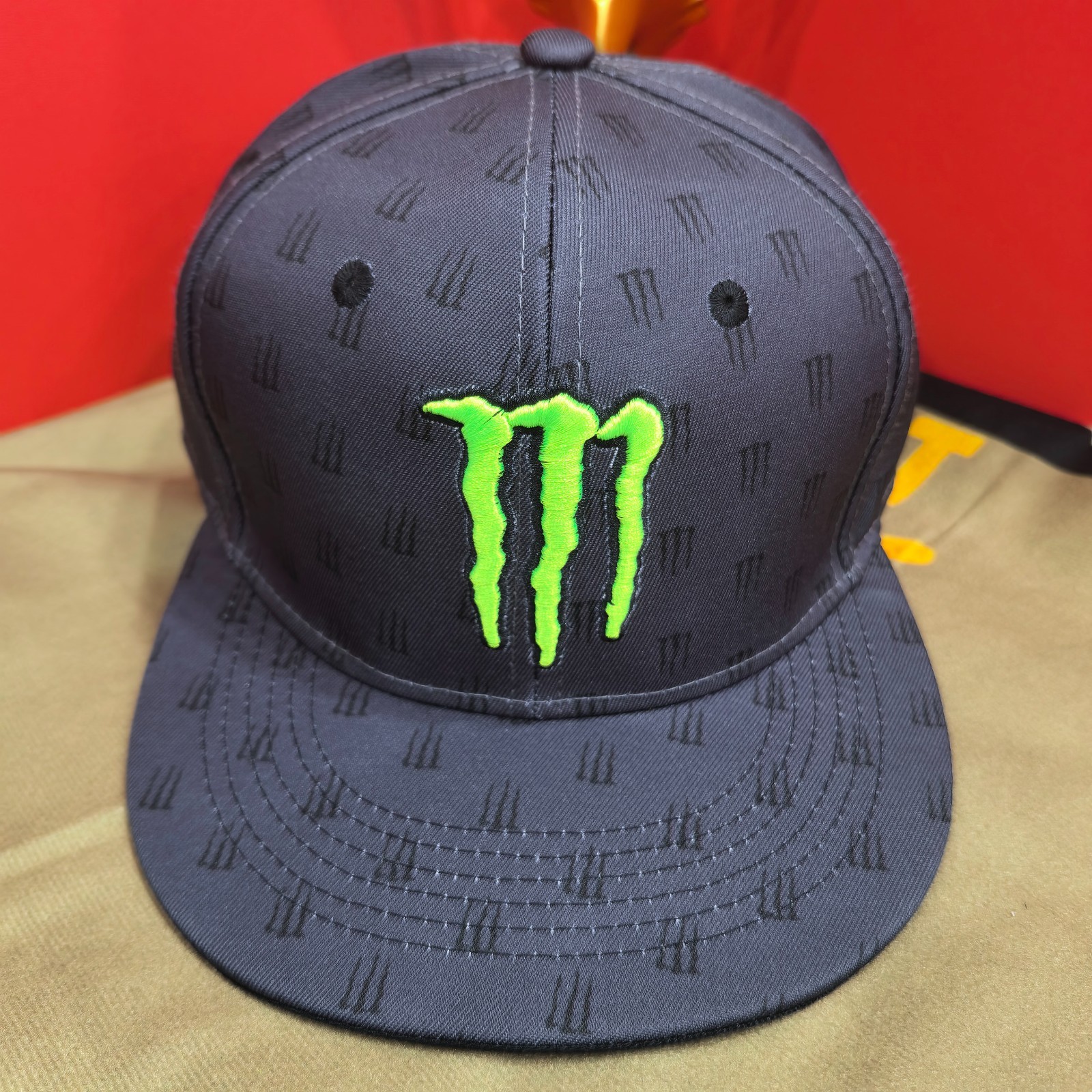 Monster Energy Black All-Over Logo Print Flat-Brim Cap Adjustable