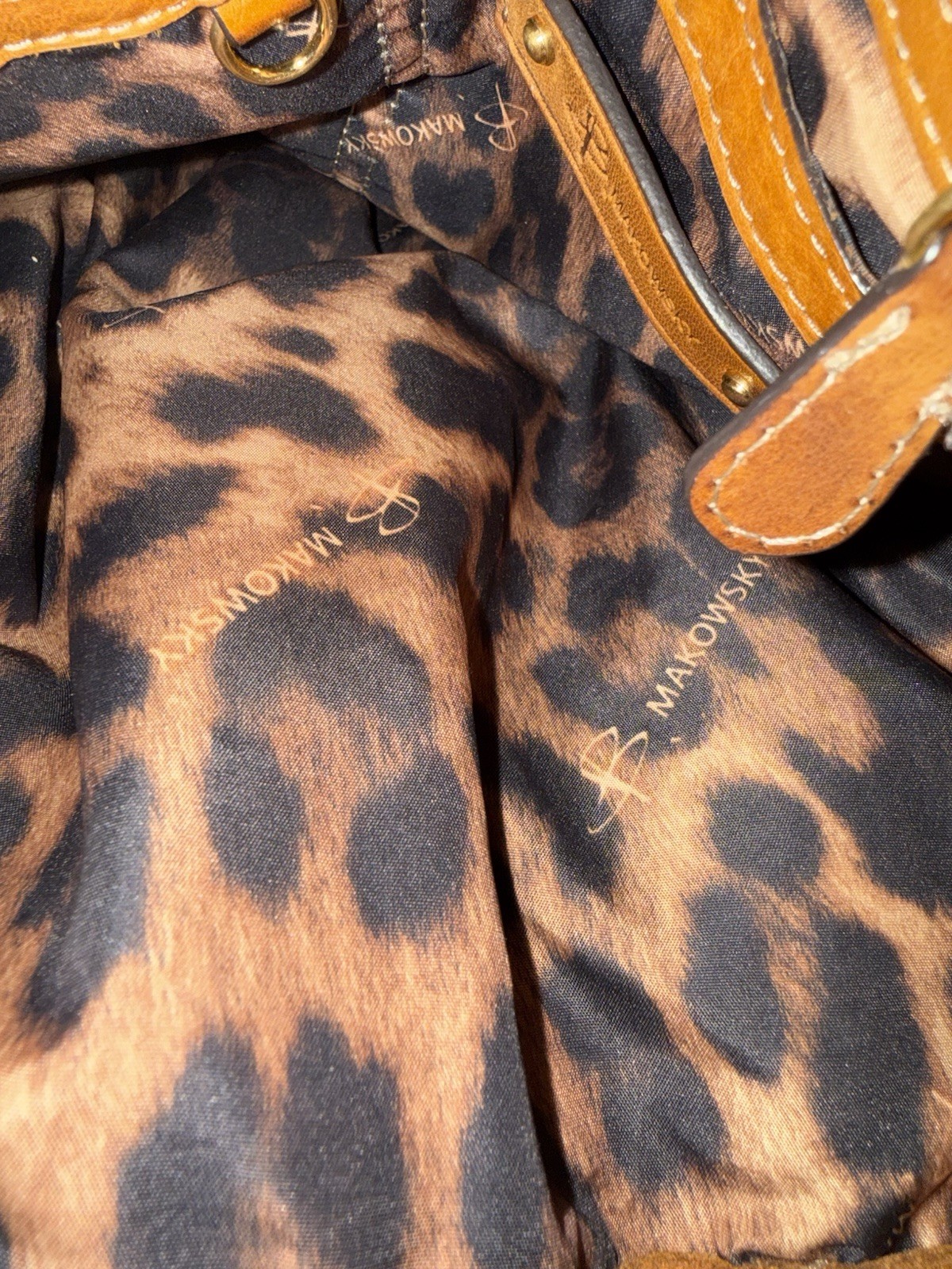 B. Makowsky Medium Satchel Top Handle Brown Tan Yellow Animal Print Lining