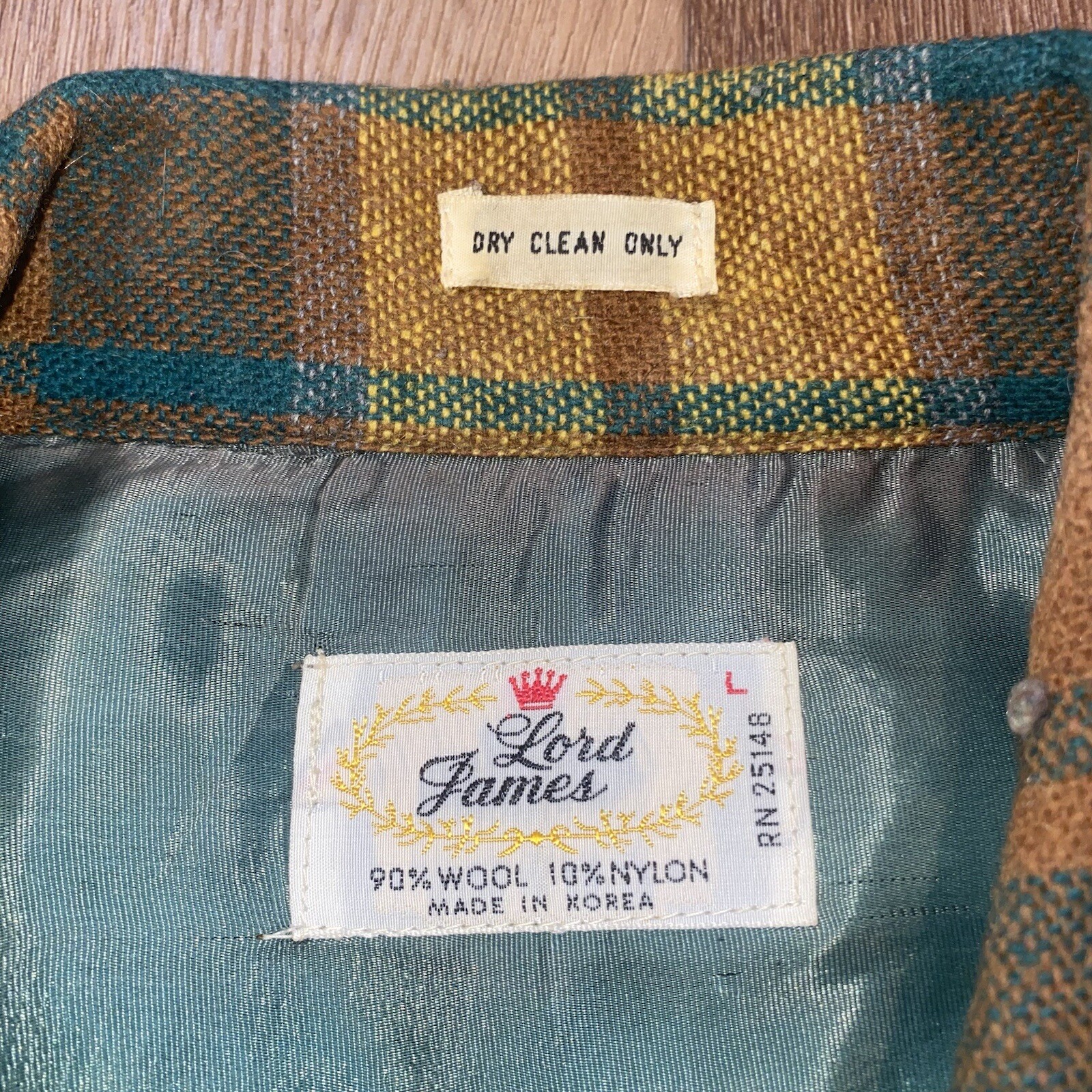 Vtg 50s 60s Lord James Shirt Loop Collar Flannel Cruiser Wool Nylon Mens Large